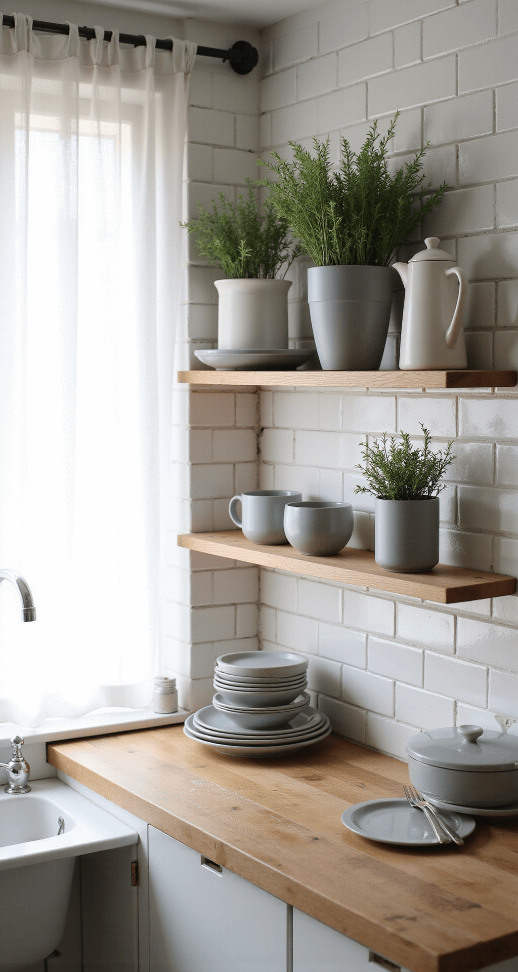 A serene Scandinavian kitchen nook featuring a white subway tile backsplash, blonde wood open shelving with matching ceramic serviceware in soft grey and white, and potted herbs, all bathed in diffused afternoon light through sheer curtains, captured from a low angle to emphasize vertical space.