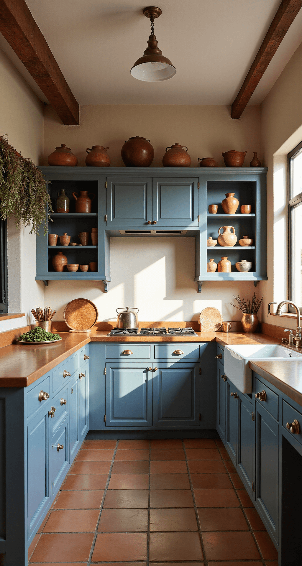 A rustic Mediterranean-inspired kitchen featuring terracotta floor tiles and distressed blue open cabinets filled with artisanal pottery. Sunlight pours in, illuminating copper and brass accents, while dried herbs hang from a ceiling-mounted rack. The image is shot straight-on, highlighting the symmetrical design and warm atmosphere.