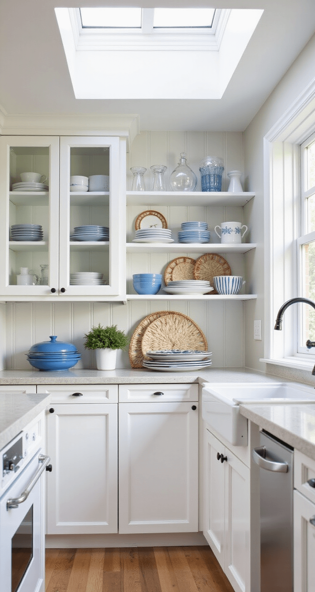 A contemporary coastal kitchen with white beadboard walls and natural light from a skylight, featuring glass-front upper cabinets, open shelving with white and blue ceramic ware, and rattan baskets for texture, shot from the corner to highlight its depth and height, with diffused overhead lighting for a breezy, sophisticated ambiance.
