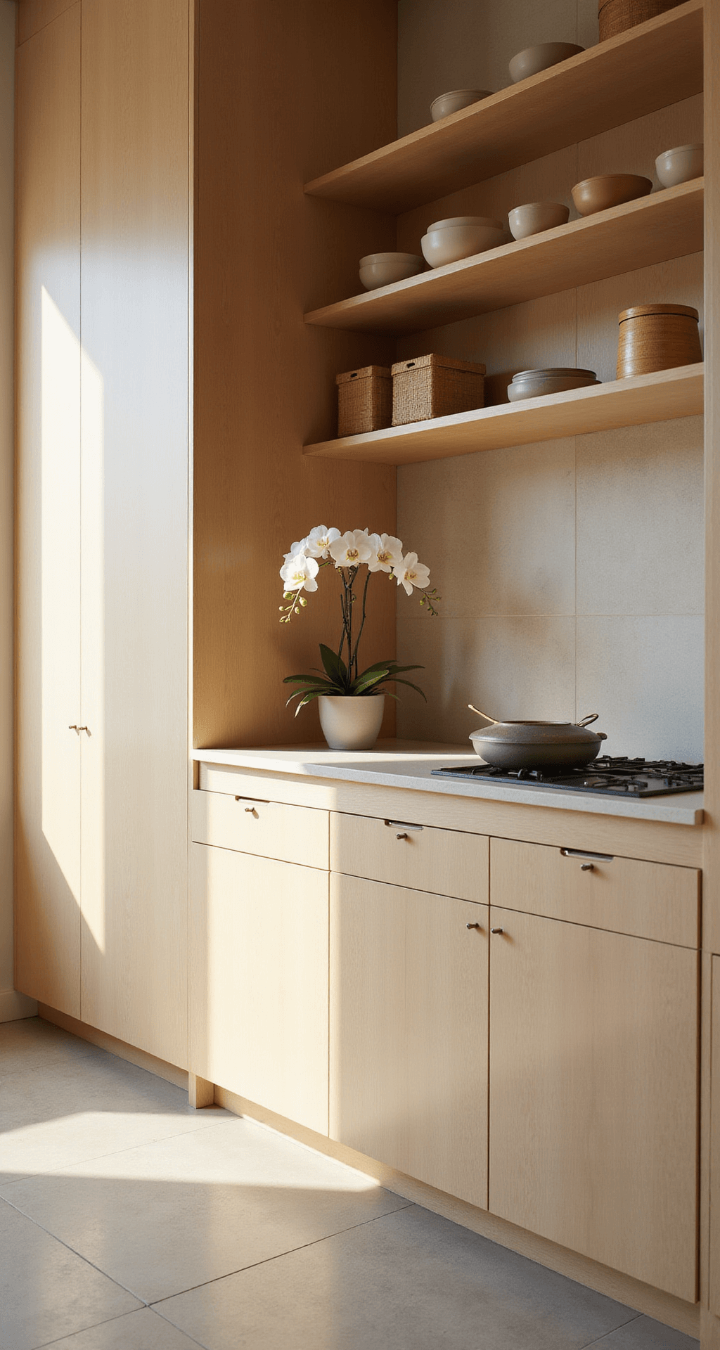 A high-angle shot of a Japanese-inspired minimalist kitchen, featuring light maple cabinets and open shelving with handmade ceramics and bamboo storage. Early morning light casts soft shadows, highlighting the zen tranquility of the space, with a single orchid as the focal point.