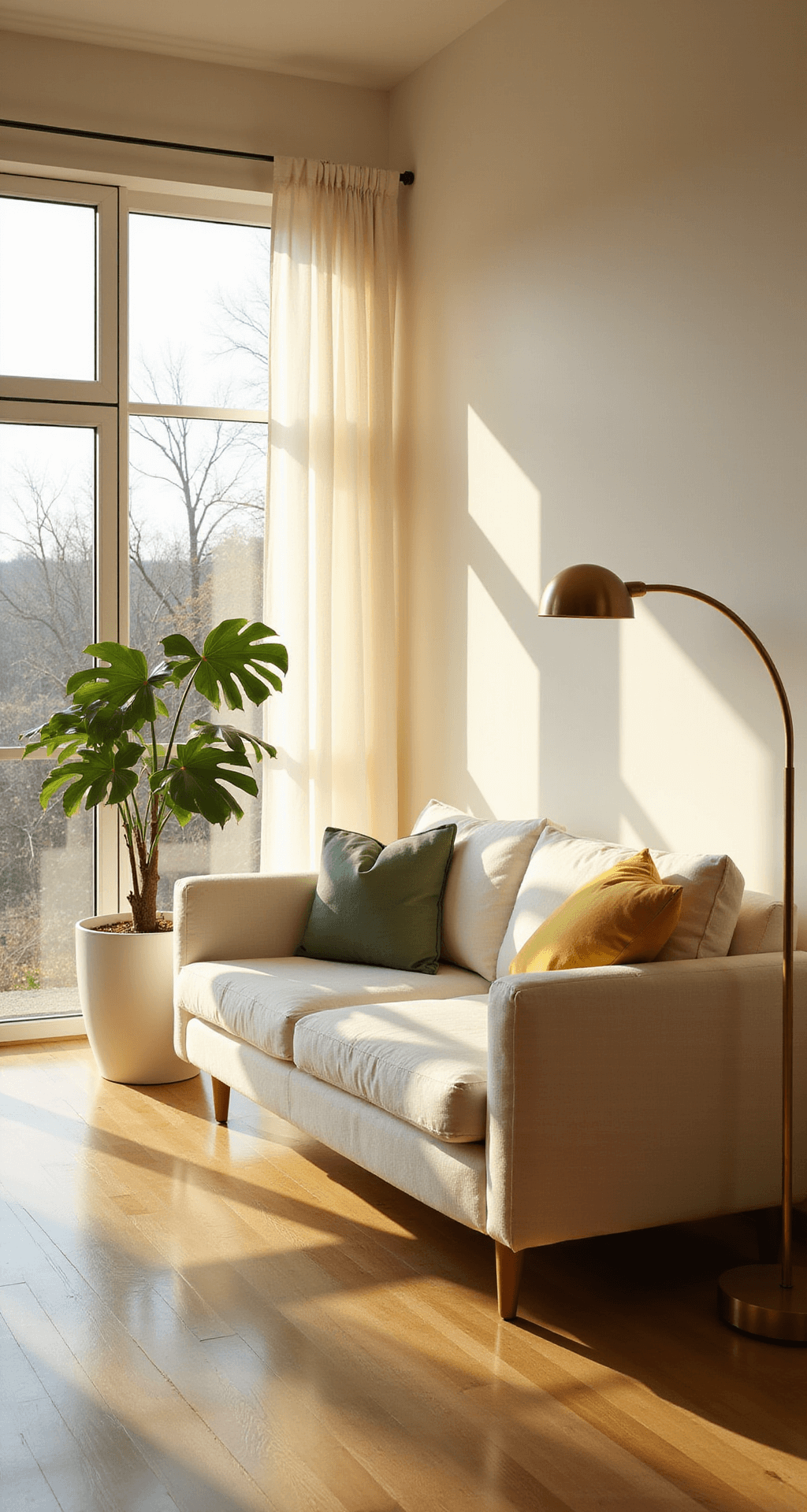 A modern minimalist living space features floor-to-ceiling windows filtering warm light onto blonde hardwood floors, with a white linen sofa adorned with butter yellow and sage green pillows. A sleek brass floor lamp arches above, and an oversized monstera plant in a matte white pot casts dramatic shadows. The image highlights negative space and geometric lines during golden hour.