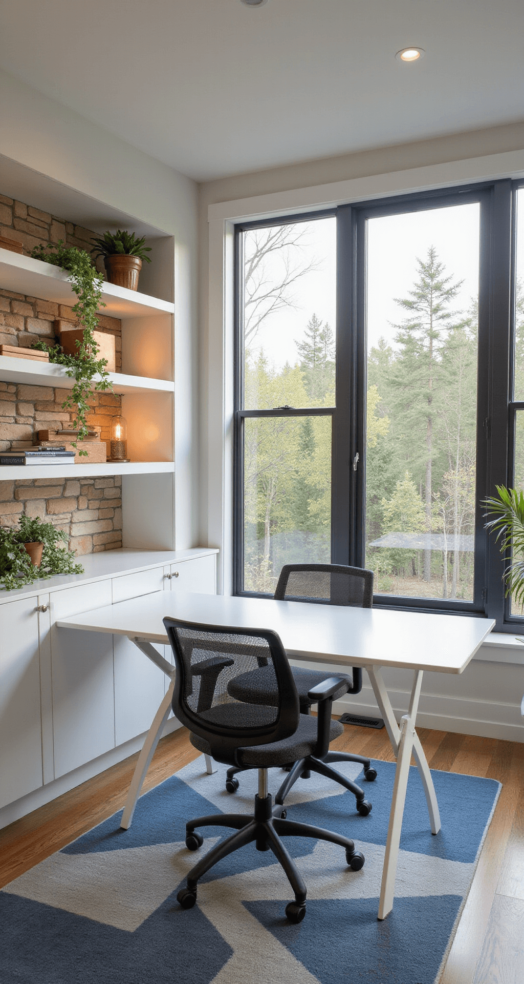 Contemporary home office in an all-season room features a white minimalist desk with panoramic forest view, ergonomic charcoal mesh chair, and built-in floating shelves with copper accessories and trailing plants, illuminated by morning light streaming through sandstone-framed windows.
