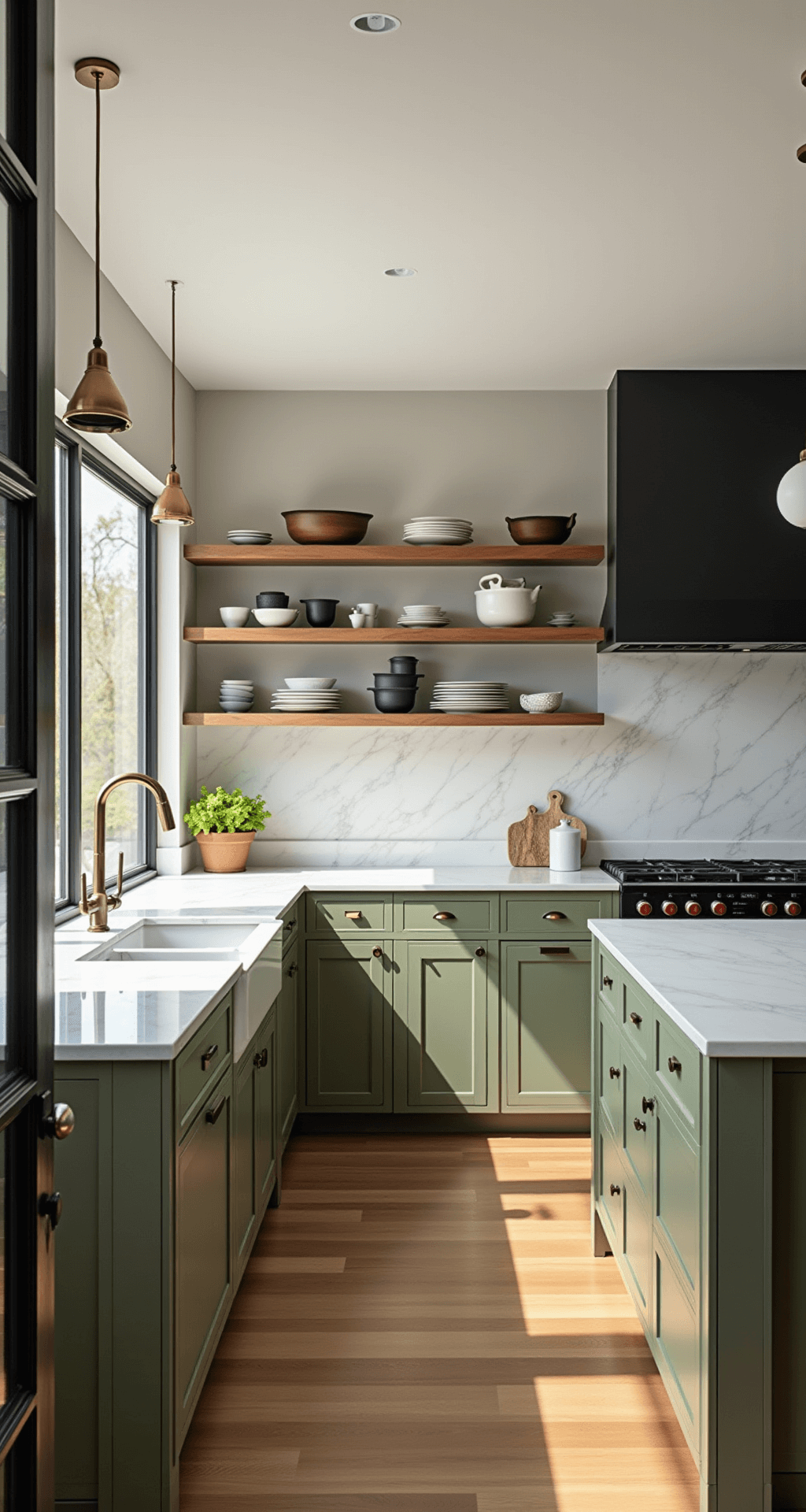 A spacious sunlit olive green kitchen featuring custom cabinets, white quartz countertops, a marble island with brass pendant lights, walnut open shelving, and matte black appliances, all set against wide-plank white oak flooring.