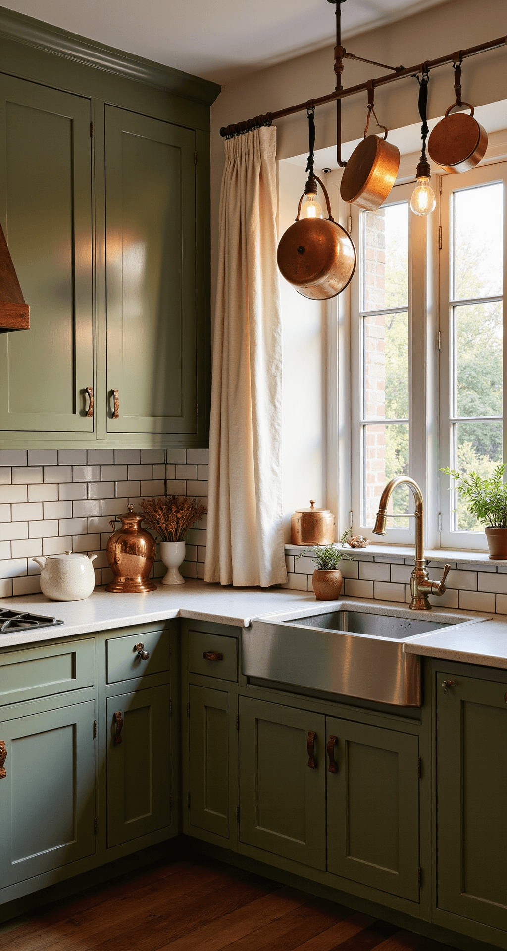 An L-shaped kitchen featuring olive green shaker cabinets with leather pull handles, illuminated by warm golden hour light. Copper pots hang from a ceiling rack, and cream subway tiles with dark grout cover the walls. A weathered brass faucet complements aged copper accessories, creating a lived-in yet refined atmosphere.