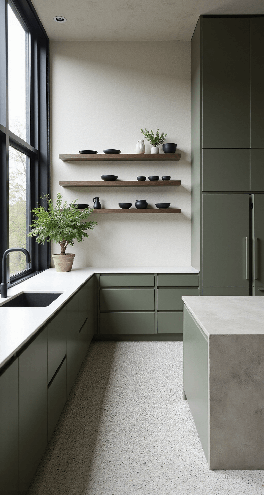 A serene minimalist kitchen featuring olive green slab cabinets, a waterfall concrete island, and black ceramic displays on white floating shelves, with geometric light patterns from steel-framed windows and terrazzo flooring.
