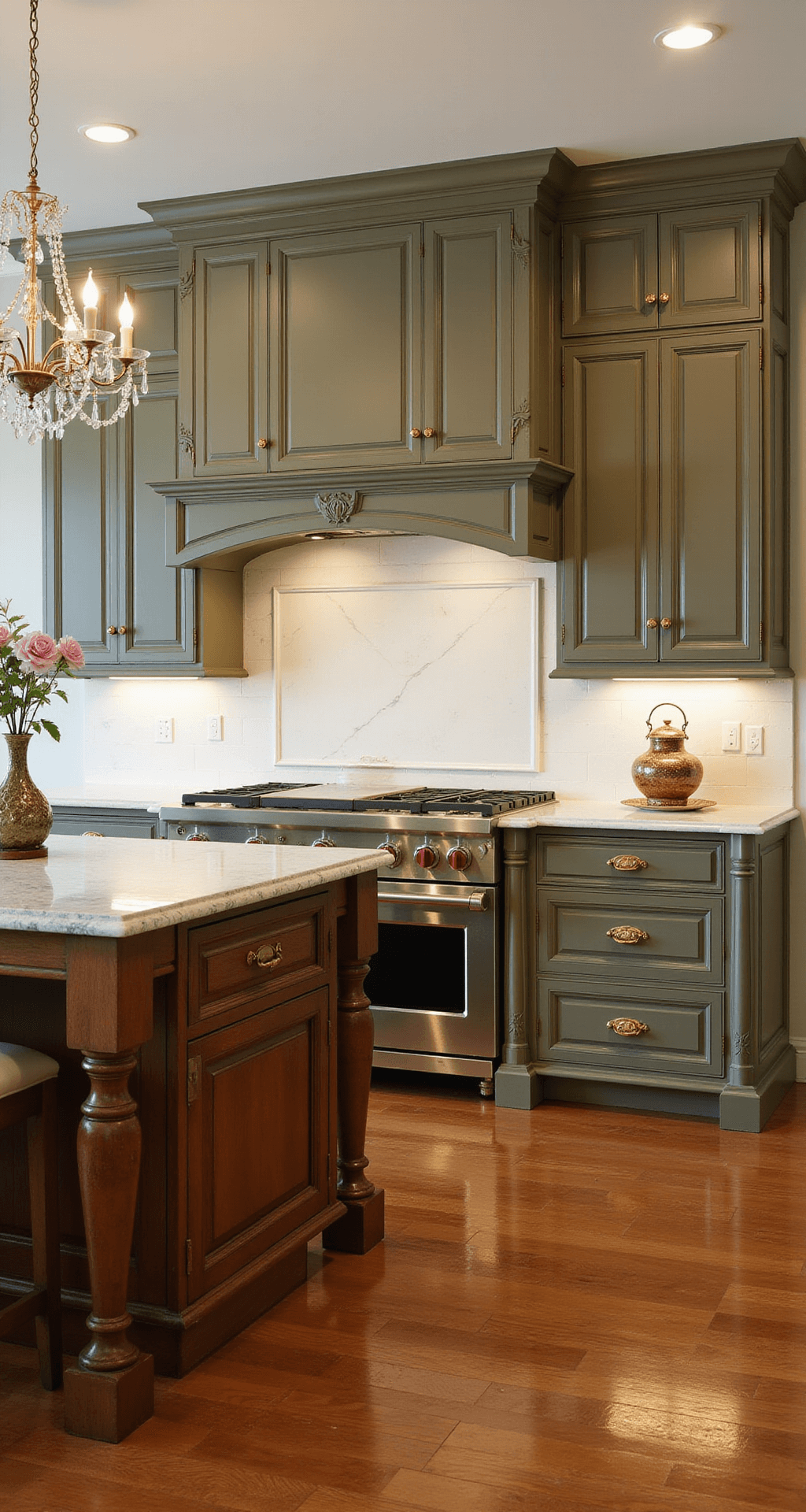 Elegant kitchen featuring raised-panel olive cabinets, antique brass hardware, and a vintage-style range with a marble backsplash. The space is illuminated by afternoon sunlight and a crystal chandelier, showcasing polished granite counters and a carved wooden island. Herringbone hardwood floors enhance the timeless atmosphere.