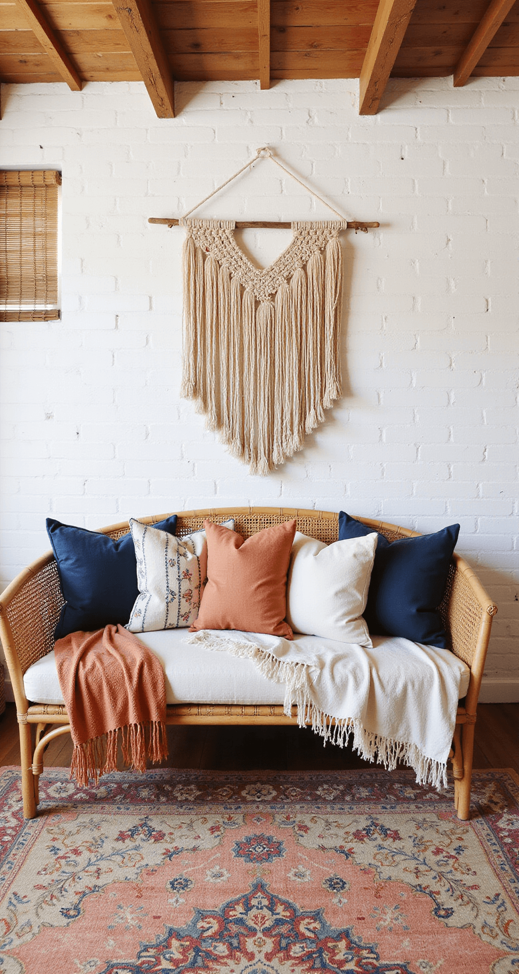 A bright mid-morning living room featuring a Bohemian-inspired design with a white exposed brick wall and original wooden beams. The space includes a low-profile rattan sofa adorned with mudcloth throws and terracotta and indigo embroidered pillows, complemented by a vintage Persian rug in faded pastels. A macramé wall hanging frames gathered pampas grass, while natural light diffuses through bamboo blinds, enhancing the warm color palette of whites, terracotta, and indigo with textured shadows.