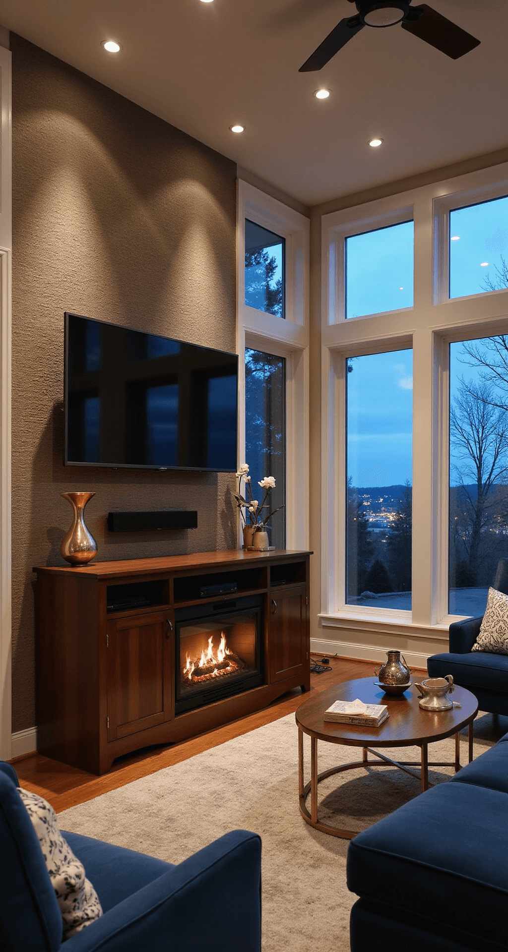 Cozy all-season entertainment room at twilight featuring a plush navy sectional, a mounted TV above a sleek electric fireplace, and a textured wallpaper accent wall, with dimmable recessed lighting enhancing the ambiance and city lights visible through large windows.