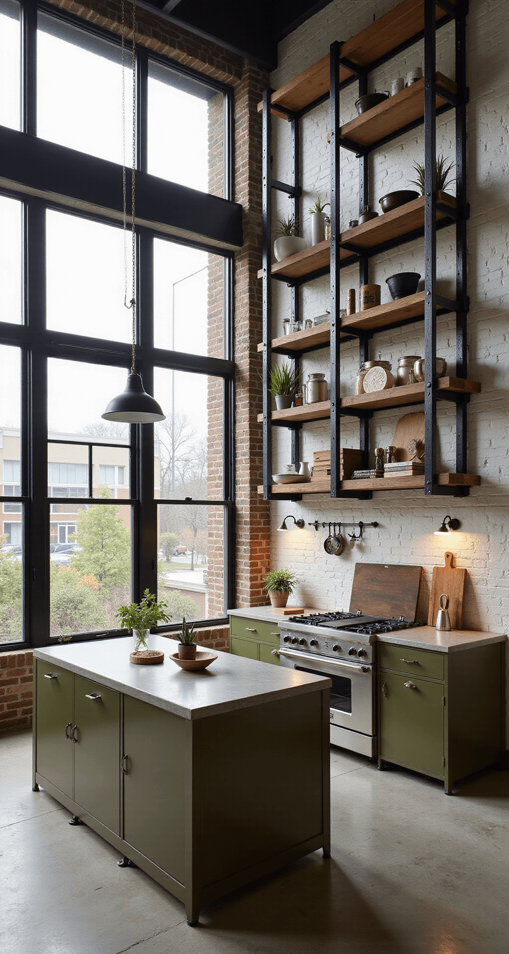 Double-height industrial-organic kitchen featuring olive green metal cabinets, expansive factory windows, blackened steel shelving, a reclaimed wood island with a steel base, concrete countertops, and an exposed white-painted brick wall, captured from an elevated perspective to highlight the vertical space and dramatic side lighting.