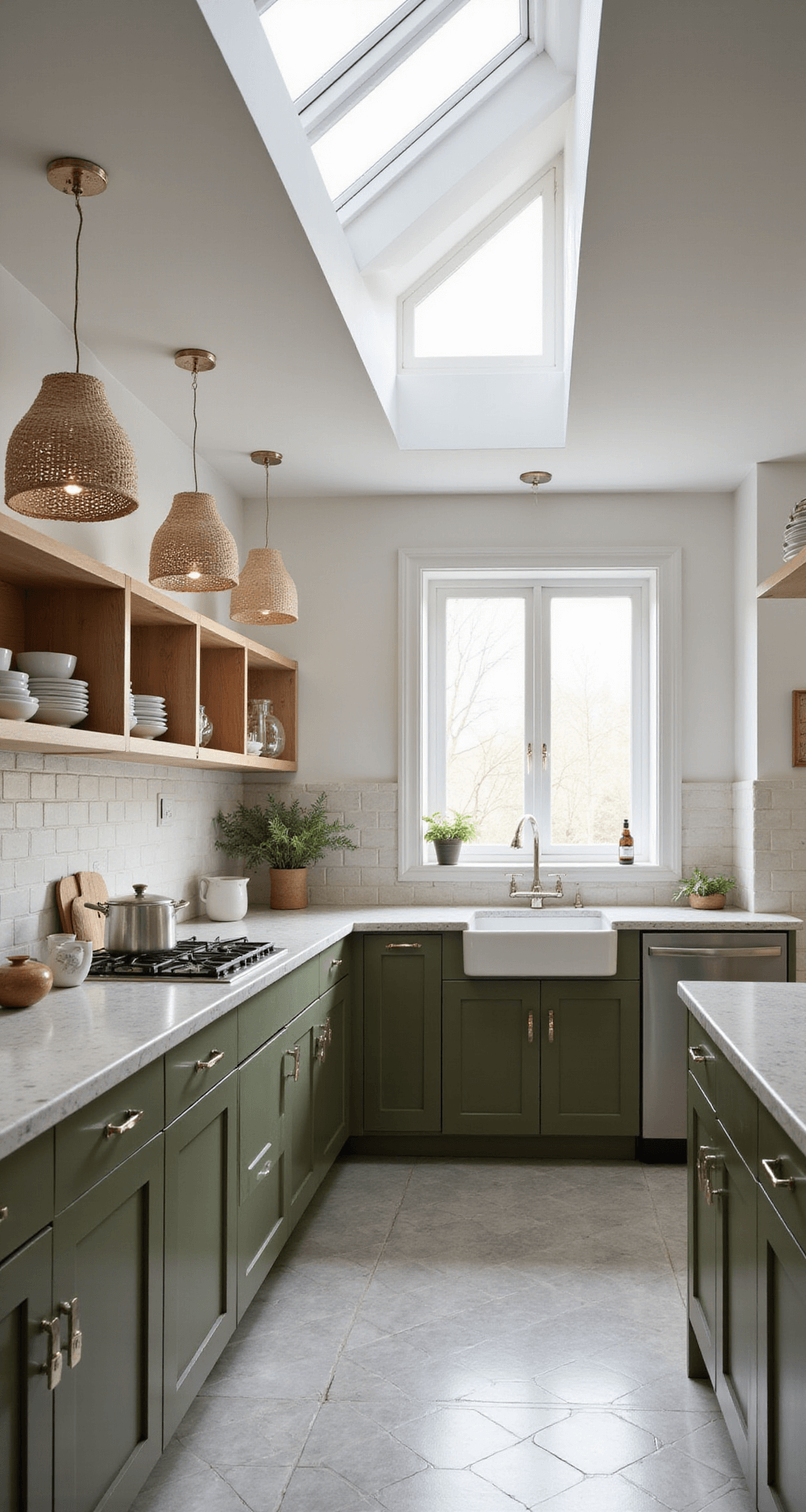 Bright Scandinavian-style kitchen featuring olive green flat-panel cabinets, pale ash wood open shelving with white ceramics, limestone counters, woven pendant lights, and geometric pale grey porcelain tiles, illuminated by natural light from skylights.