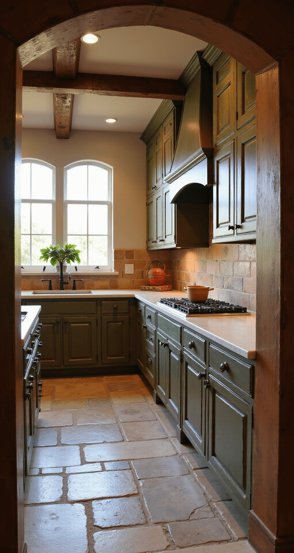 Cozy Mediterranean kitchen with distressed olive cabinets, evening light through arched windows, handmade terra cotta tiles, reclaimed wooden beams, oil-rubbed bronze fixtures, limestone counters, and stone floor in a random pattern, shot from the doorway to highlight depth and warm lighting.