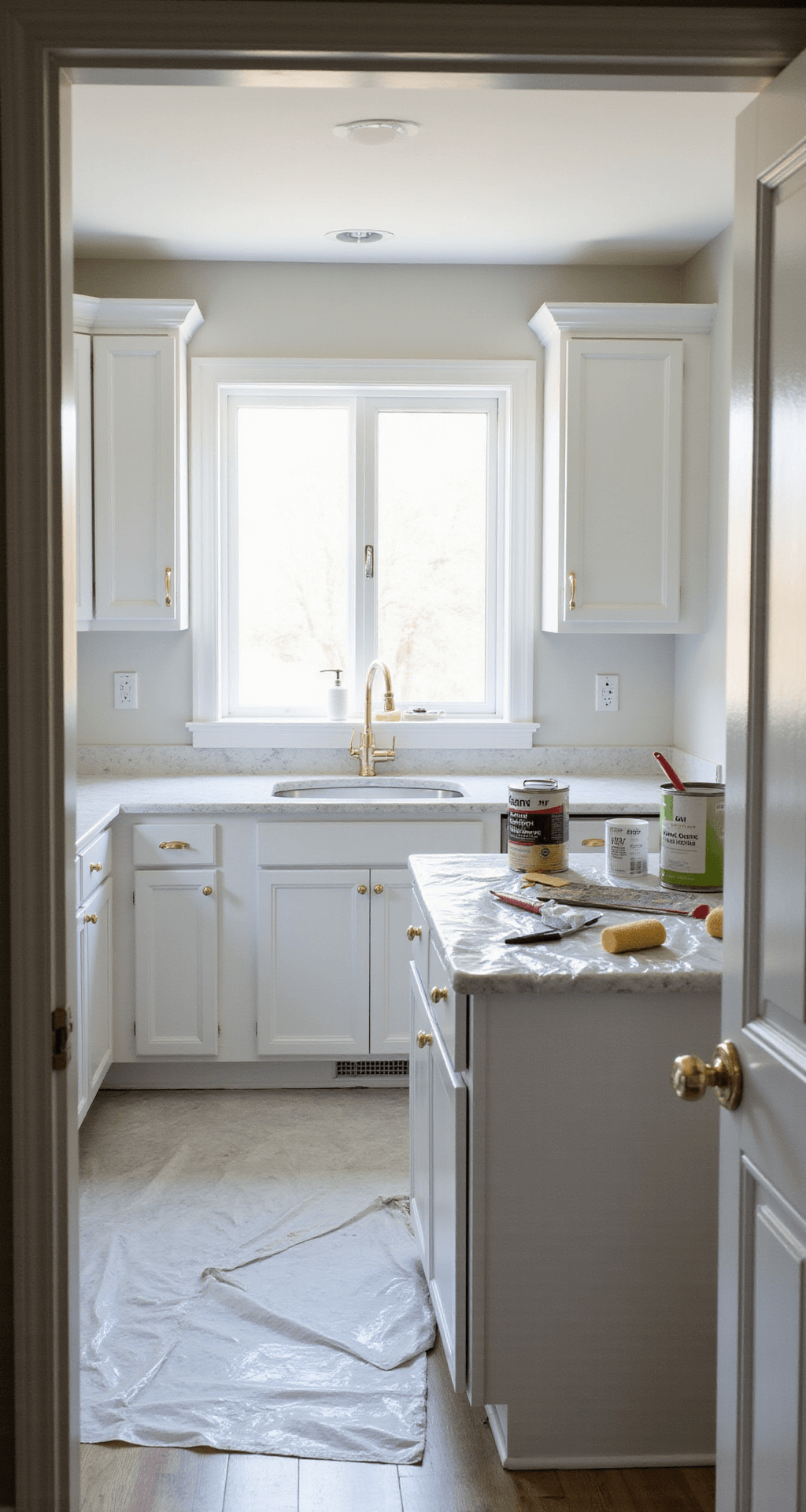 Bright minimalist kitchen undergoing renovation, featuring white shaker cabinets mid-painting, organized workspace with drop cloths and paint supplies on an island, large window allowing morning light, and a professional atmosphere highlighting clean lines and attention to detail.