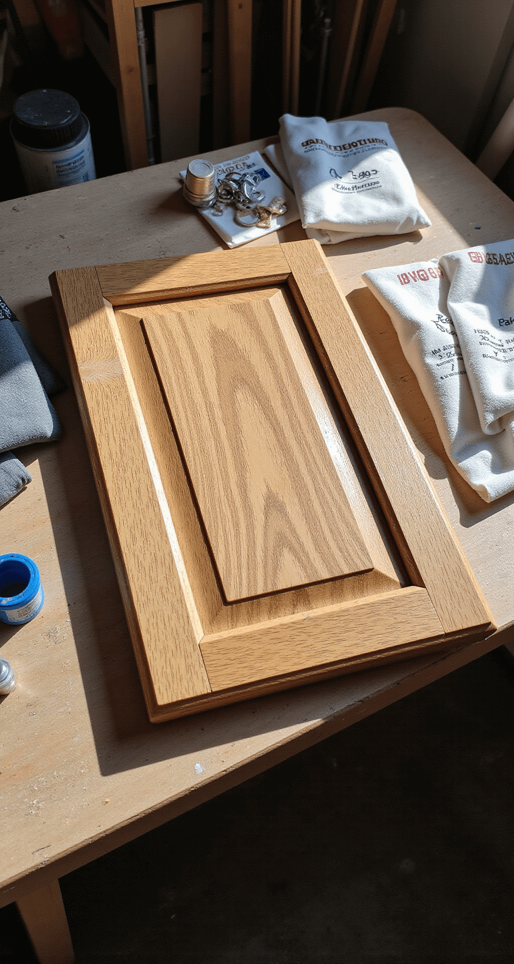 An overhead view of an intimate workspace showcasing a recently sanded oak cabinet door on a folding work table, with organized tools like 220-grit sandpaper, tack cloths, and labeled hardware bags, illuminated by afternoon light that casts subtle shadows, highlighting the rich wood grain and craftsmanship details.