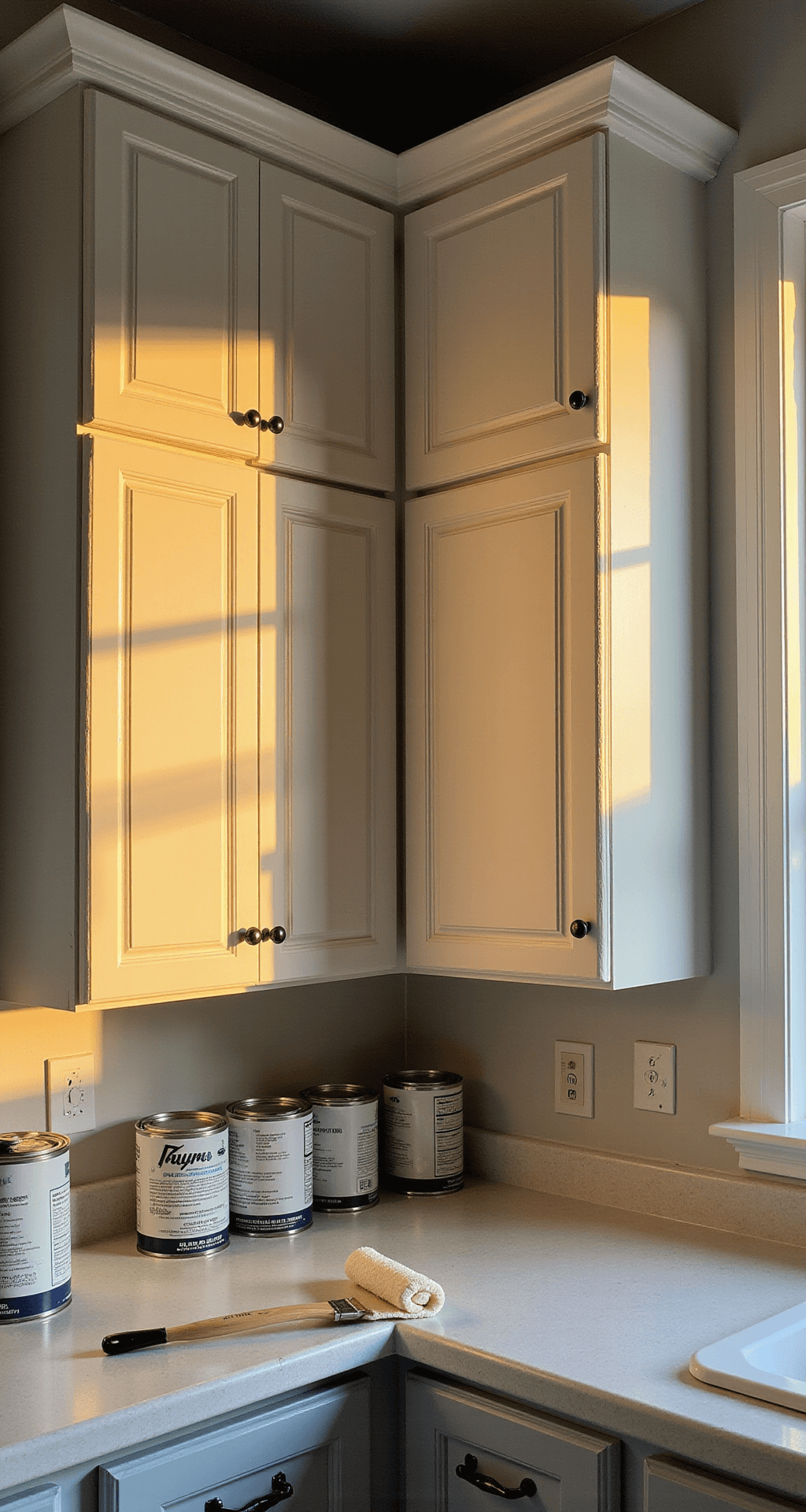 A corner kitchen vignette in progress, featuring 8ft tall upper cabinets with exposed frames, half primed to showcase a dramatic before/after. The golden hour light casts shadows through the window, illuminating a close-up of a foam roller applying a stipple-free finish. Primer cans and quality brushes are neatly arranged on protected counters, all captured from a chest height angle with technical lighting emphasizing the surface preparation.