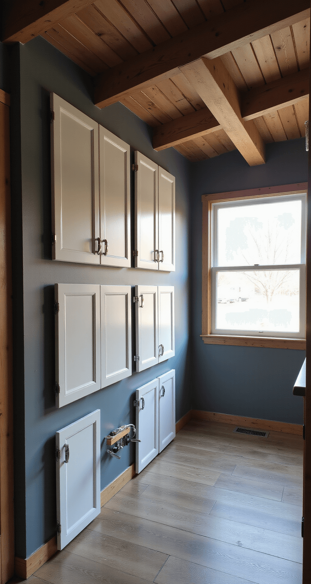 A wide-angle view of a modern farmhouse kitchen featuring exposed beams, multiple cabinet doors in various painting stages on a drying rack near a window, and a professional spray setup in the corner, with cool gray walls contrasting warm wood elements under afternoon light.