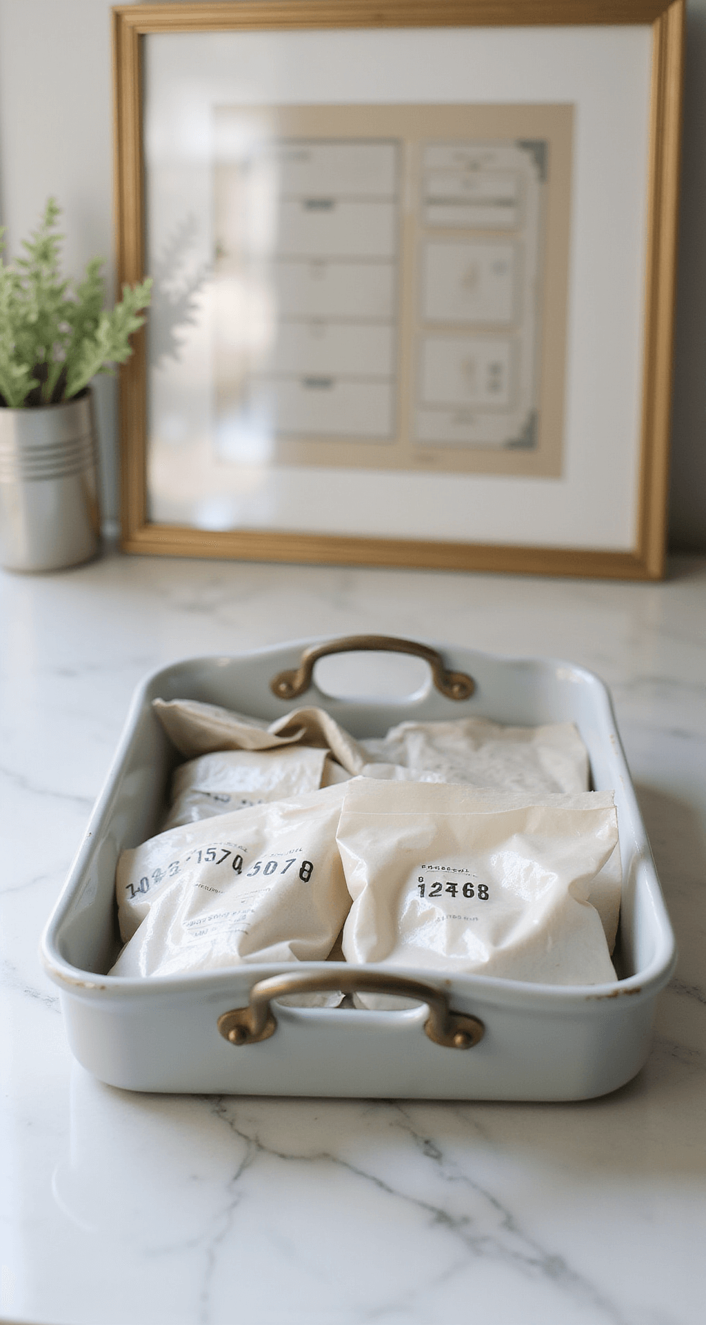 Detail shot of a vintage enamel tray with labeled zip bags containing brass handles and hinges, organized with a numbered tape system, set against a white marble surface with natural light creating metallic highlights.