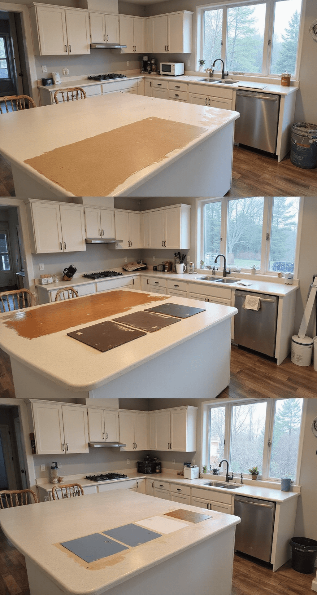 A kitchen peninsula workspace, 8ft long, showcases a systematic painting progression with five cabinet doors showing each step: cleaned, sanded, primed, first coat, and final coat. A north-facing window provides natural light. Professional-grade tools and materials are neatly arranged by order of use, captured at a 30-degree angle in bright, clean lighting to create an instructional atmosphere.