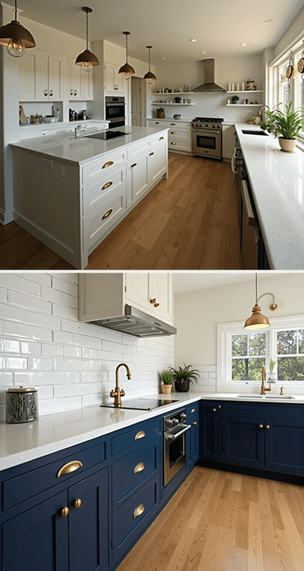 A freshly painted open-concept kitchen featuring navy blue lower cabinets and white upper cabinets with brass hardware, illuminated by warm early evening light. The countertops are styled with minimal decor, showcasing a professional finish. The image is captured at waist height from the kitchen entrance, highlighting the dramatic transformation of the space.