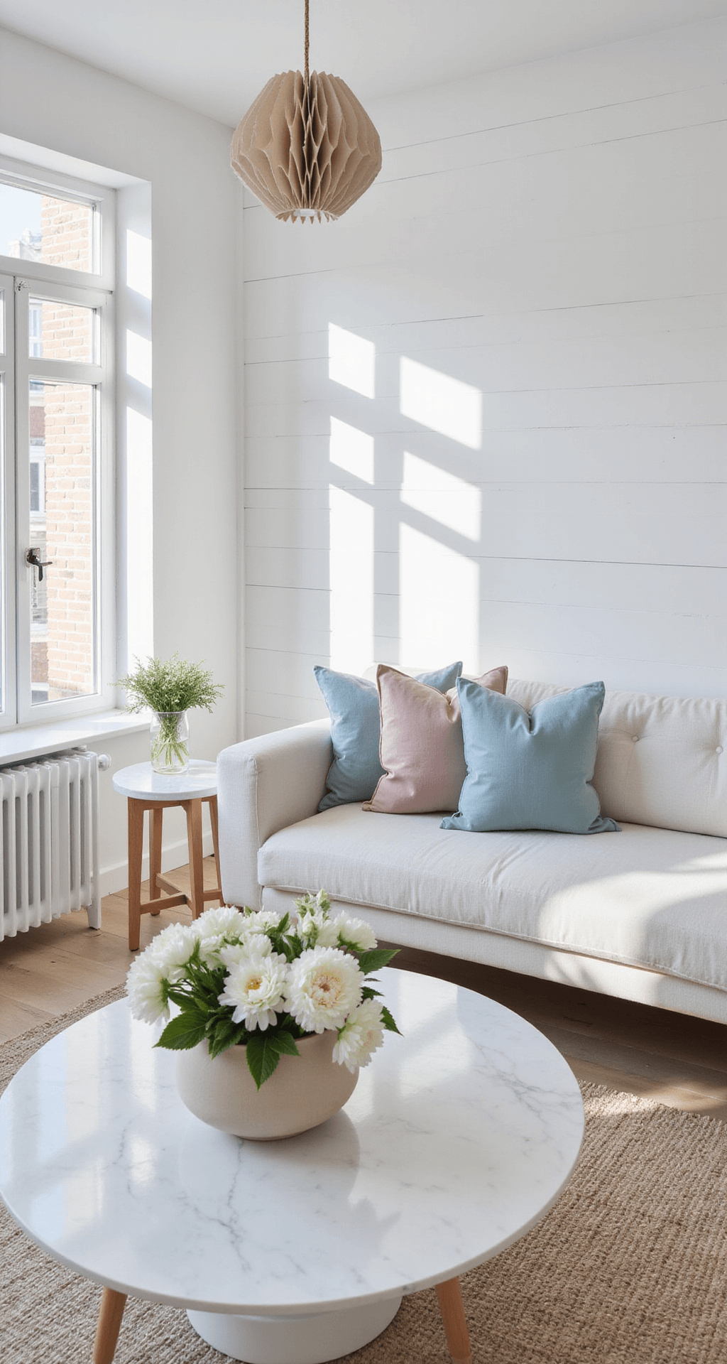 A bright Scandinavian living space featuring white shiplap walls and pale oak flooring, with a contemporary white sofa adorned with ice blue and pale pink cushions. A round marble coffee table holds white peonies, while a geometric paper pendant lamp casts shadows overhead. The low camera angle highlights the room's height and architectural details in a cool palette of whites and pastels.