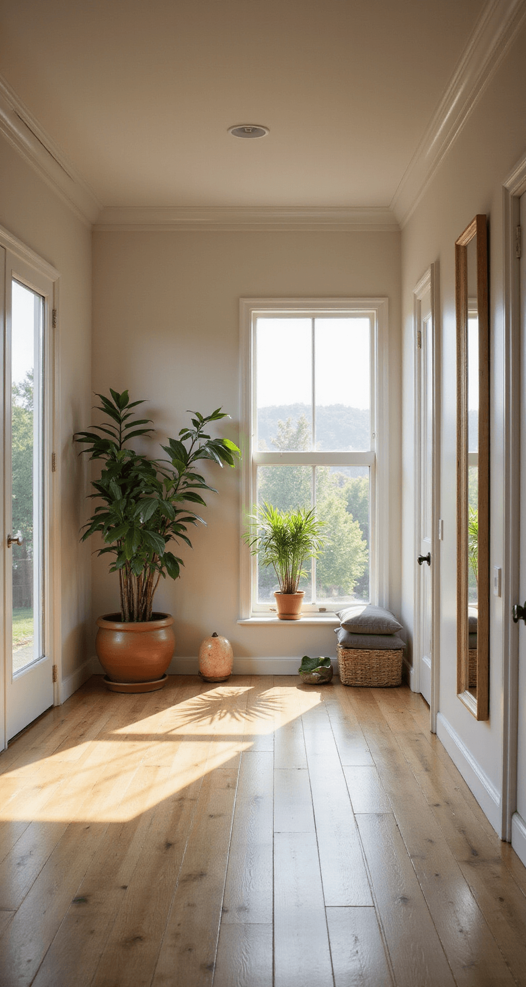 A serene all-season yoga space with light maple flooring, full-length mirrors, minimalist white equipment storage, and natural plant dividers. A meditation corner with floor cushions and a Himalayan salt lamp is present. The scene is illuminated by morning light and daylight-balanced LEDs.