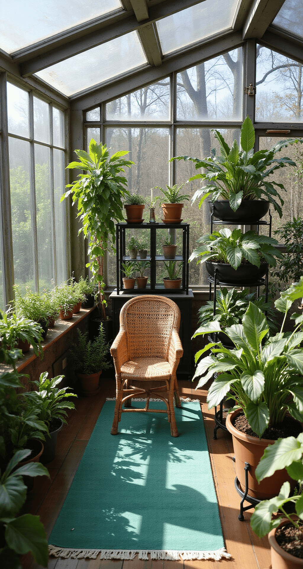 A vibrant all-season room filled with rare plants, featuring black metal tiered plant stands, a vintage rattan peacock chair on an emerald green kilim rug, and a glass shelving propagation station, all illuminated by afternoon light and dramatic shadows from a greenhouse-style roof.