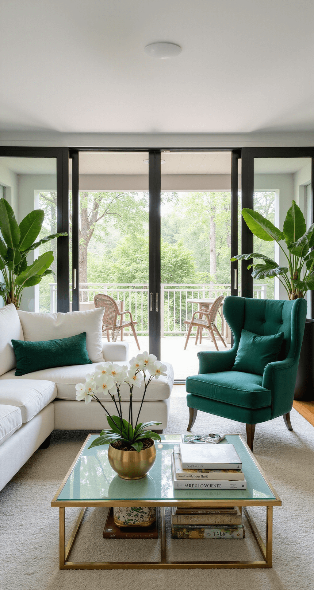 A modern tropical living room features large sliding glass doors opening to greenery, a white bouclé sectional contrasting with an emerald green accent chair, a brass and glass coffee table adorned with white orchids and design books, and large-scale tropical leaf artwork in a gold frame. Bird of paradise plants in black planters frame the doors, creating a symmetrically inviting indoor-outdoor flow with a color palette of crisp whites, emerald, brass, and jungle greens.