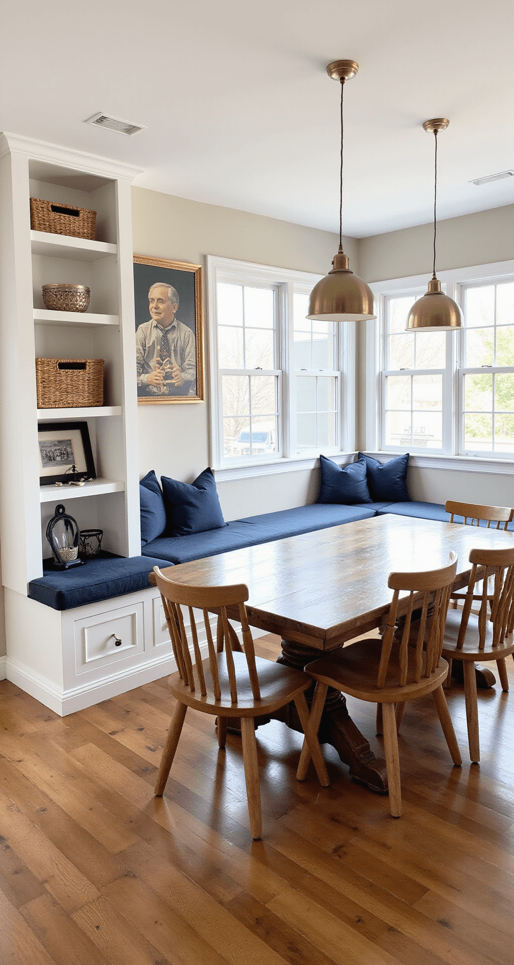 A spacious family game room in a 20x18ft all-season room, featuring custom built-in storage for board games, a round reclaimed wood table for six, modern brushed brass pendant lights, navy cushion-lined window seats with storage, woven baskets, and vintage game-themed artwork, all illuminated by bright, even lighting.