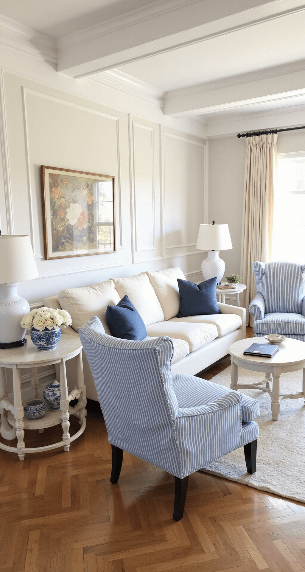 A high-angle view of a Hampton-inspired formal living room, featuring coffered ceilings, white paneled walls, and herringbone hardwood floors. The space includes a cream roll-arm linen sofa, blue striped accent chairs, and chunky white ceramic table lamps on bleached wood side tables. Blue and white chinoiserie vases with white garden roses add a decorative touch, bathed in soft late afternoon light that enhances the warm color palette of ivory, navy, pale blues, and warm woods.