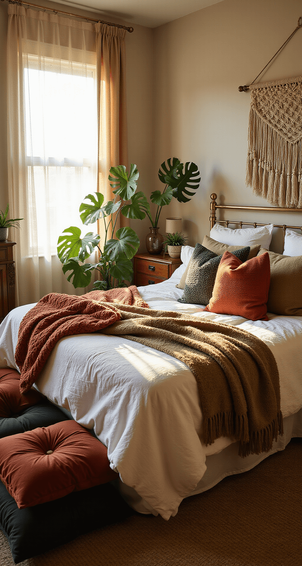 A boho bedroom filled with natural light, featuring a rumpled ivory linen king bed adorned with chunky knit throws, oversized jewel-toned floor cushions, and a macramé wall hanging behind a vintage brass headboard. Monstera and pothos plants frame the window, while warm shadows dance across the layered textiles.