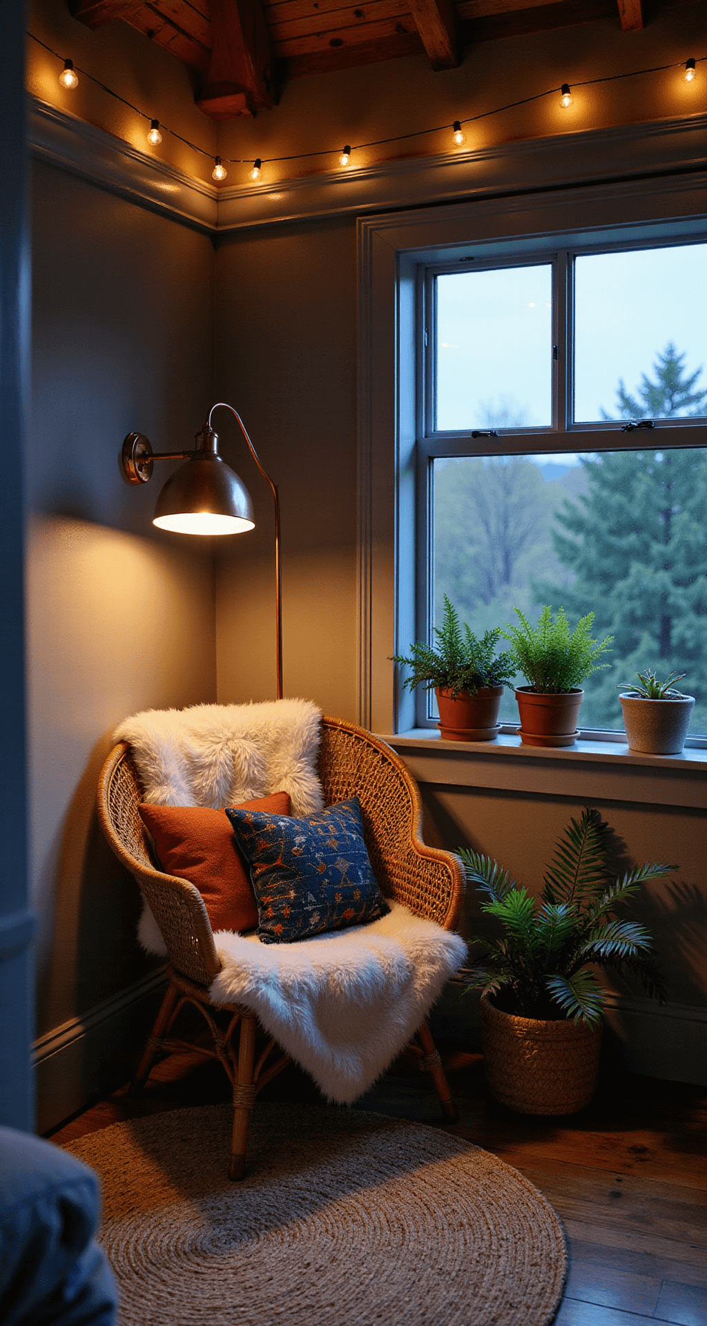 Intimate boho reading nook at blue hour with a rattan peacock chair draped in cream sheepskin, layered jute and sisal rugs, warm copper floor lamp, twinkling string lights, vintage kilim pillows in rust and indigo, and ceramic planters with ferns, all highlighted by moody rim lighting.