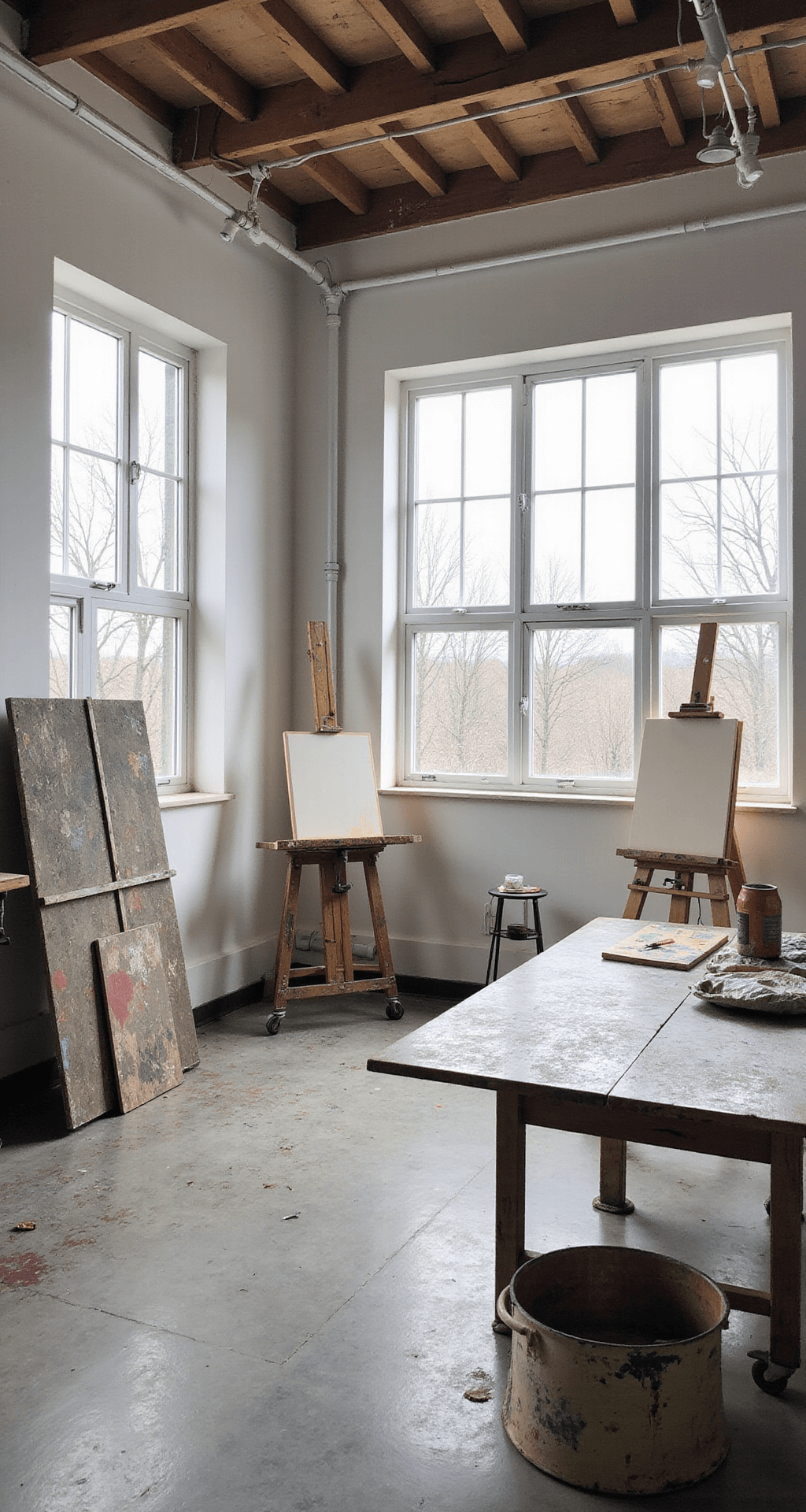 Artist's studio in an all-season room with north-facing windows, white walls, and concrete floors, featuring industrial easels, a paint-splattered work table, and a storage wall with rolling canvas racks, all under soft, diffused daylight.