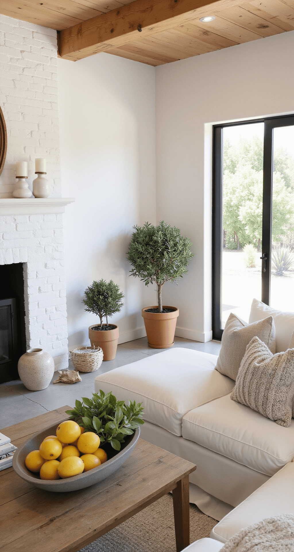 Bright and airy 18x24ft California casual living space featuring a white stucco fireplace and light oak beams, with limestone flooring. A slipcovered white denim sectional adorned with neutral pillows and chunky throws, alongside a reclaimed wood coffee table styled with a concrete bowl of lemons and white coffee table books. Olive trees in terra cotta pots add a touch of greenery, all captured in warm morning light flowing through the doorway.