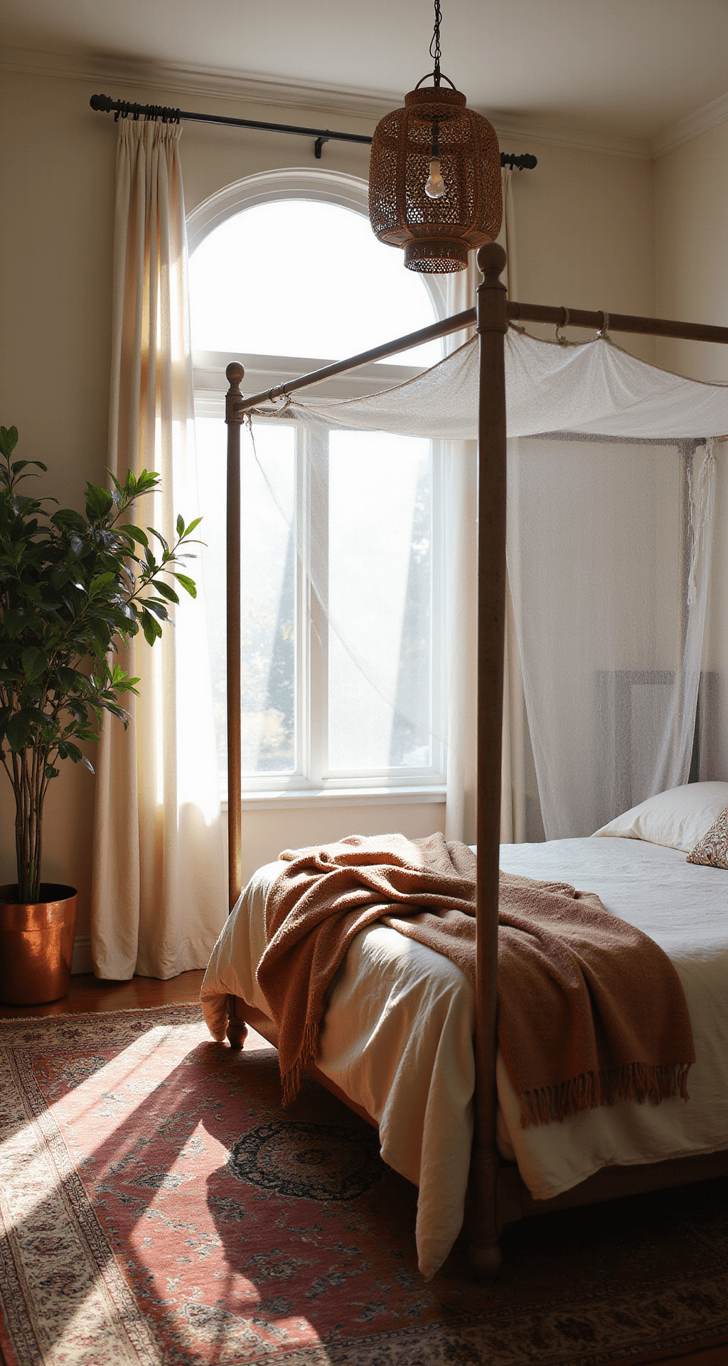 A boho bedroom with a four-poster bed topped by a white canopy, featuring a Moroccan wedding blanket on a wheat-toned duvet, surrounded by layered vintage rugs; sunlight filters through a massive arched window, illuminating trailing plants and a rattan pendant casting shadows.