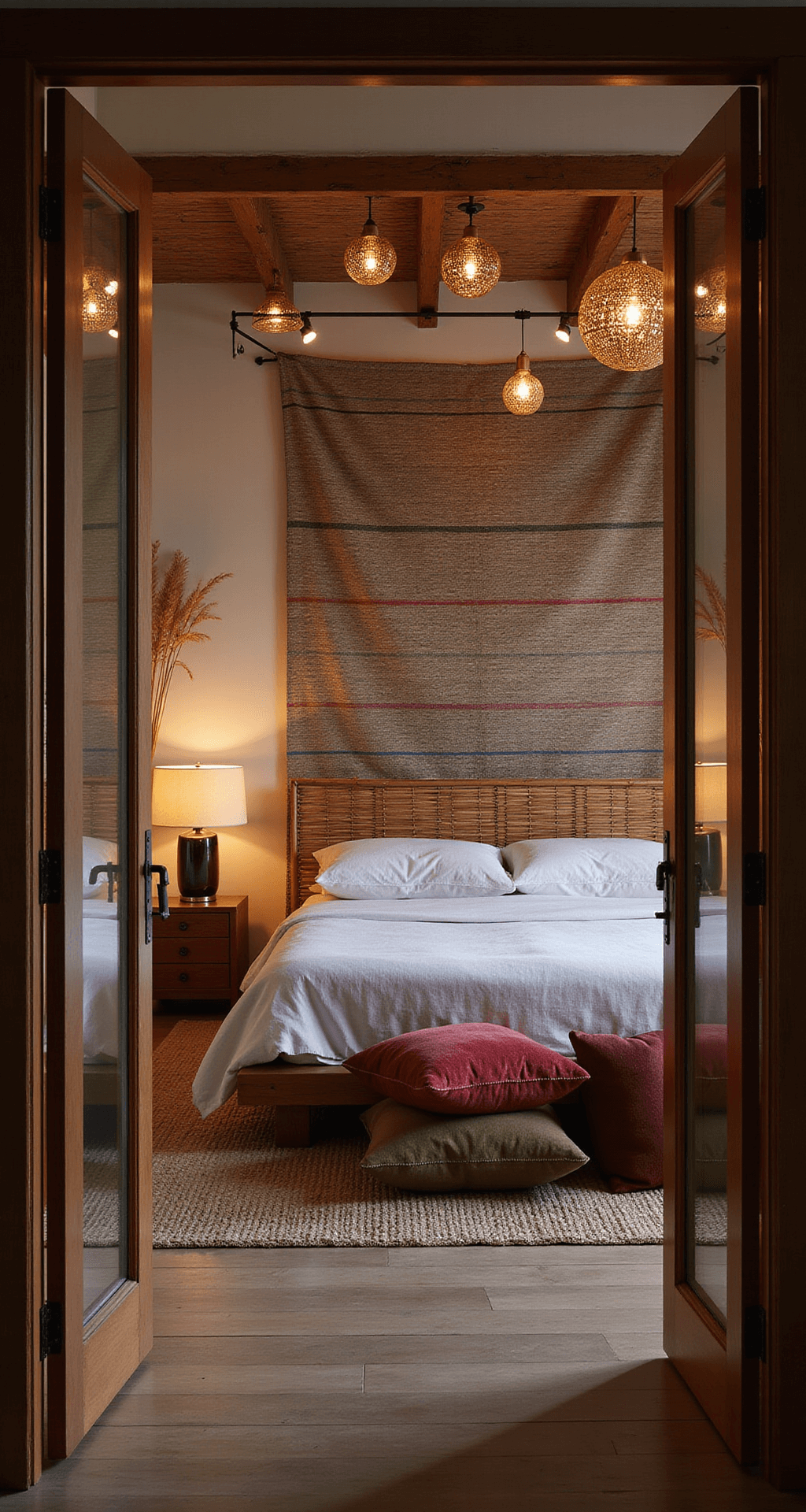 A bohemian master suite at dusk seen from the doorway, featuring a low platform bed with an oversized bamboo headboard, mixed brass lanterns for ambient lighting, a handwoven wall tapestry in muted rainbow colors, floor cushions in jewel velvets, and dried pampas grass in tall ceramic vessels framing the window, all creating a magical evening atmosphere.