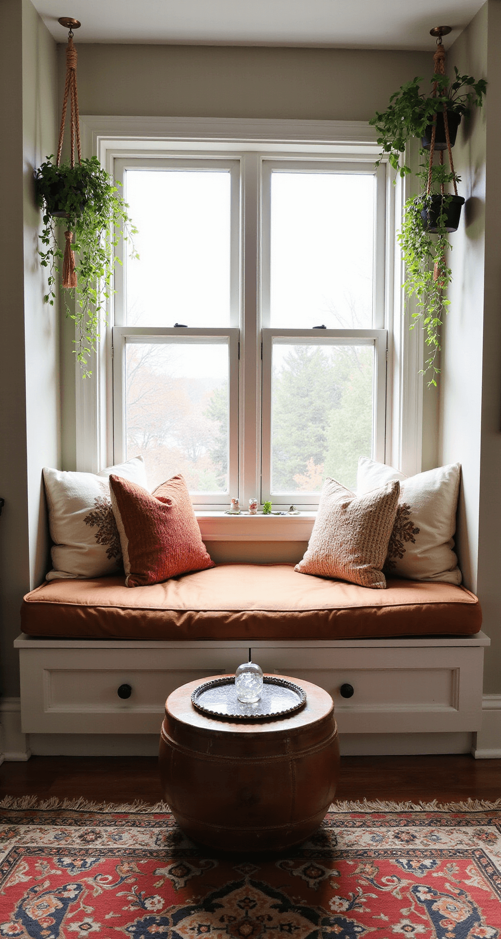 Sun-filled boho bedroom nook with custom raw silk cushions, embroidered pillows, macramé plant hangers, a vintage Moroccan tea table with crystals, and a Turkish kilim ottoman, all captured in a symmetrical composition.