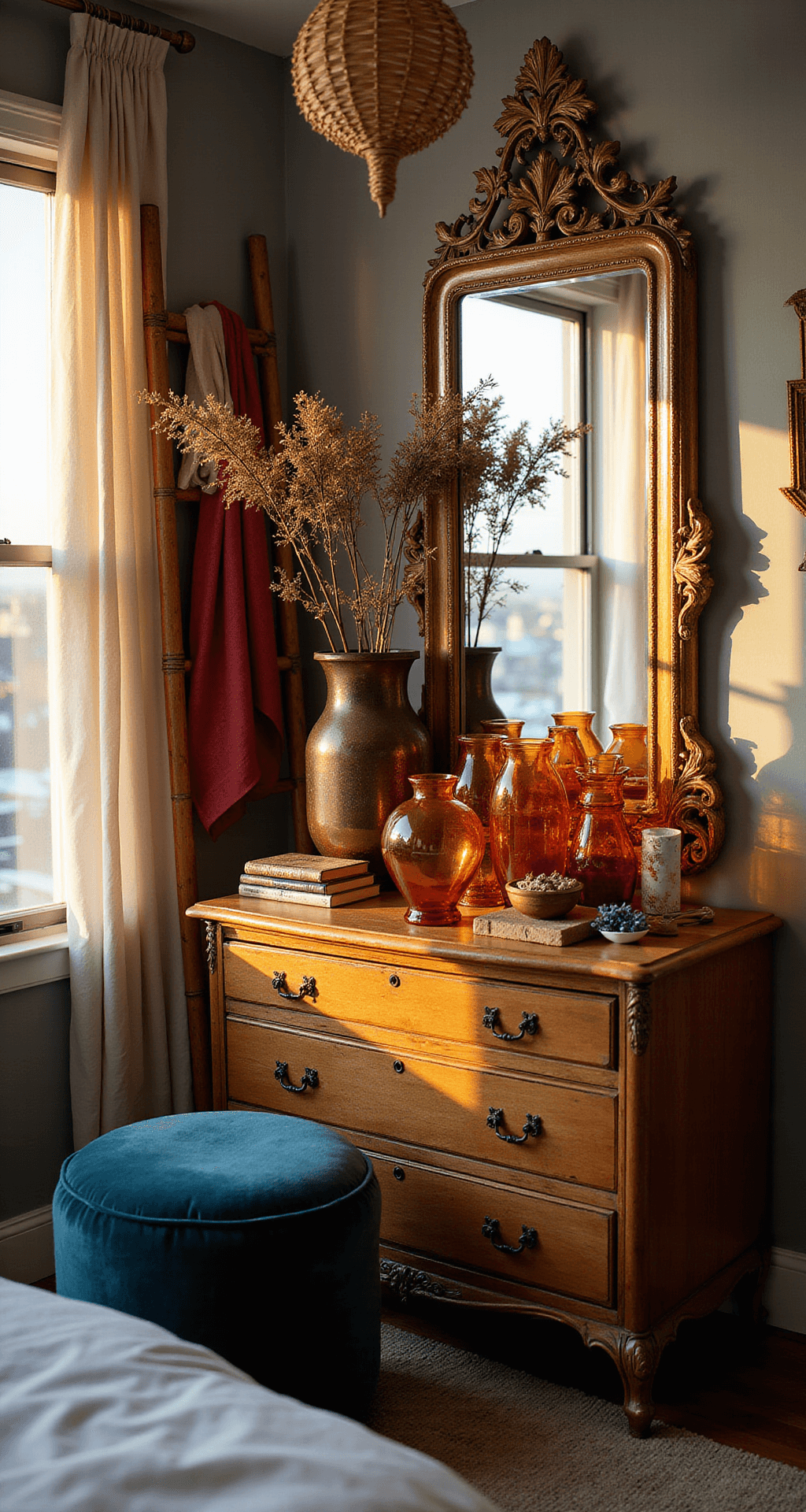 Dramatic boho vanity corner in a 10x12ft bedroom, featuring an ornate brass mirror reflecting golden sunset light onto a carved wooden dresser, surrounded by amber glass vessels and dried florals, with vintage silk scarves draping from a bamboo ladder, and an oversized rattan pendant casting intricate shadows, complemented by a deep peacock blue velvet stool, captured from a slight elevation to highlight the reflections and light.