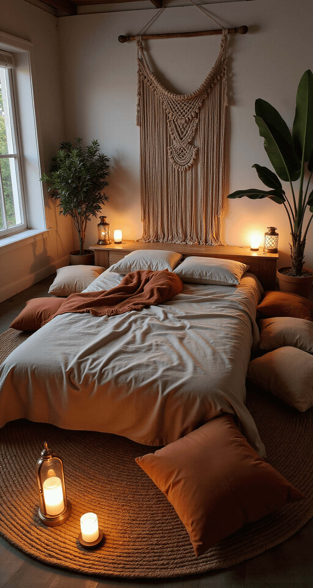 Aerial view of a cozy 12x14ft boho sleeping space at twilight, featuring a low-profile platform bed with stonewashed linen, surrounded by a round jute rug, vintage brass lanterns, and Himalayan salt lamps, with a dramatic floor-to-ceiling macramé headboard and oversized earth-toned floor pillows, complemented by a tall banana leaf tree.