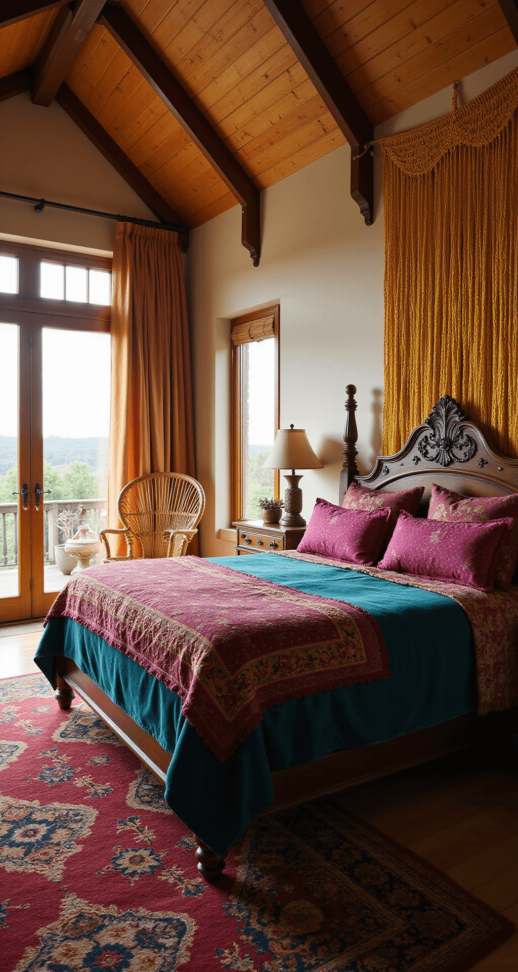 A sun-drenched bedroom with a carved wooden king bed dressed in teal velvet, fuchsia silk, and burgundy quilts, featuring a macramé piece above the headboard, a rattan peacock chair in the corner, and a vintage Persian rug, all illuminated by golden hour light streaming through gauzy curtains.