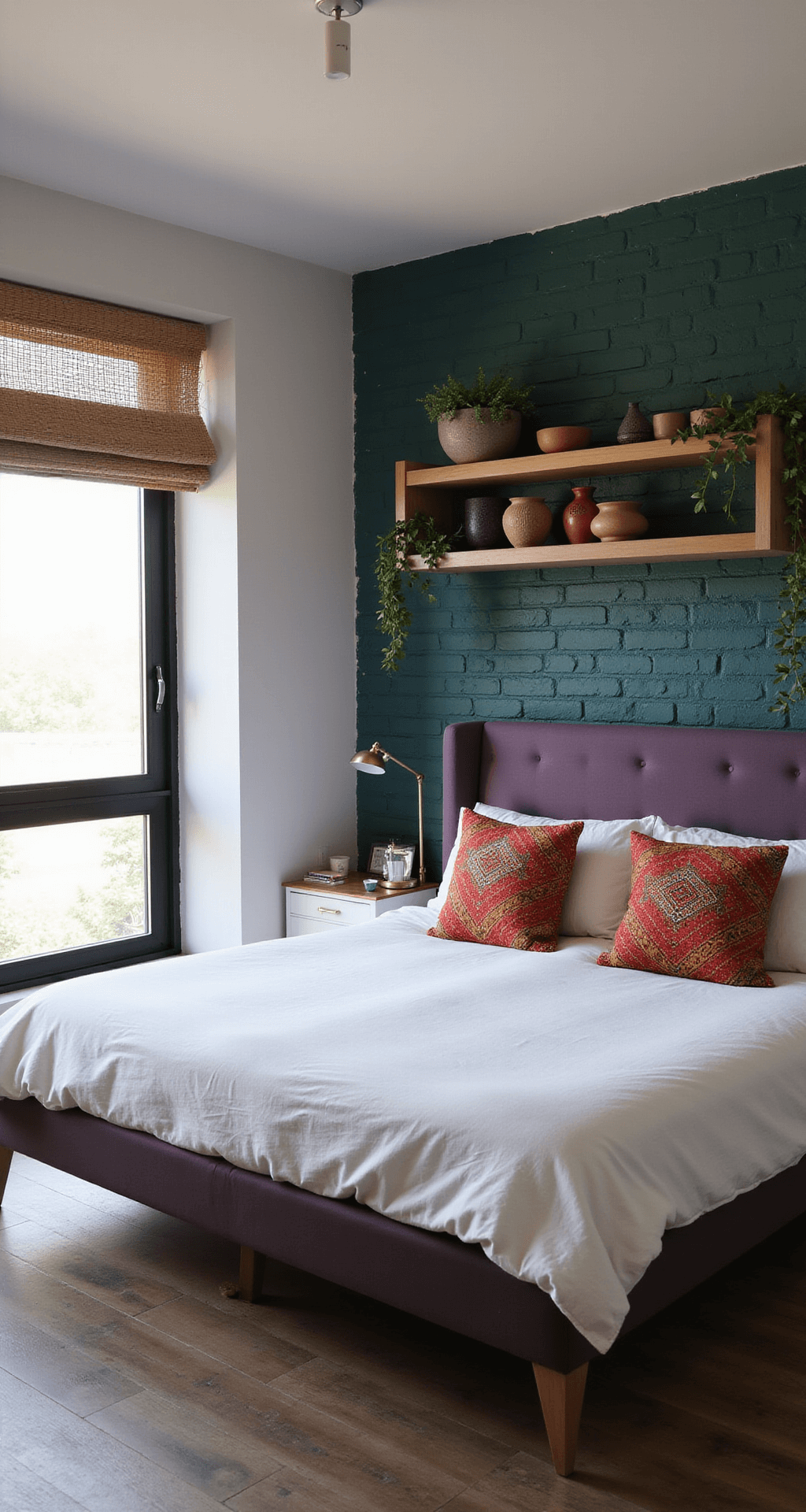 A modern boho bedroom featuring a deep teal exposed brick accent wall, a purple velvet platform bed with white linen and vibrant tribal print pillows, and natural oak floating shelves adorned with pottery and trailing plants, all captured in soft late morning light.