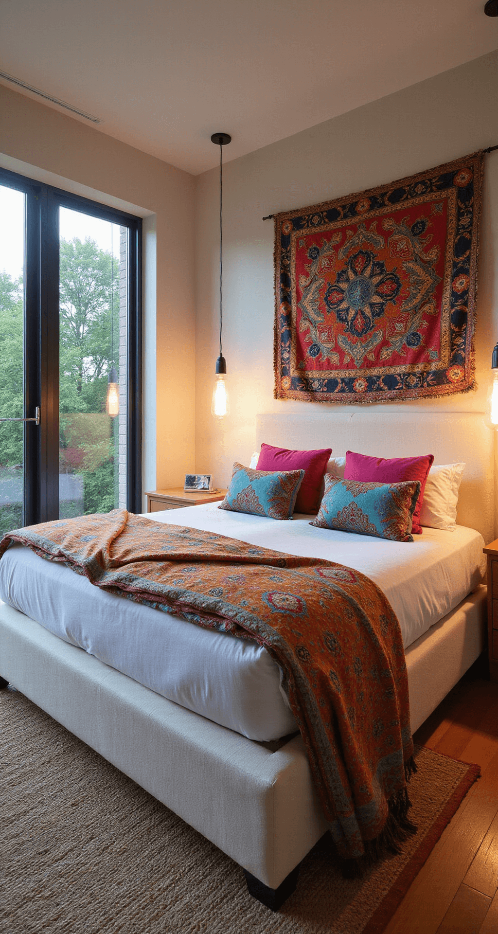 Airy bedroom featuring cream walls and a large linen upholstered bed adorned with vibrant Indian sari throws and embroidered suzani pillows in hot pink, turquoise, and saffron. A colorful textile wall hanging adds visual interest. The scene is photographed during blue hour from a corner angle, showcasing the room's spacious flow and warm ambient light from multiple pendant lights.