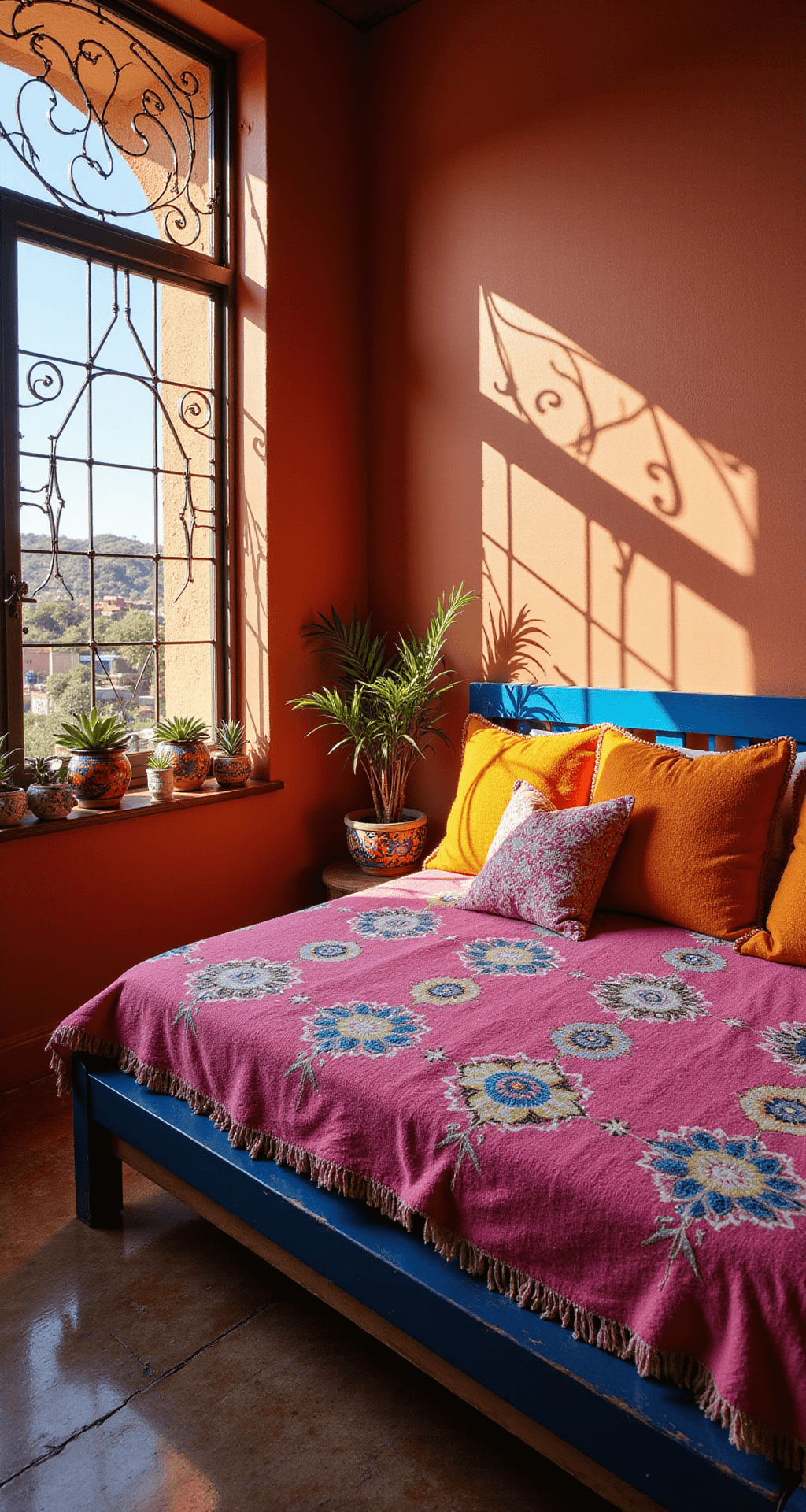A vibrant Mexican-inspired boho bedroom featuring terracotta walls, a cobalt blue hand-painted bed frame with colorful embroidered blankets, and a collection of painted talavera pots with succulents, all illuminated by mid-afternoon light casting geometric shadows through wrought iron window grilles.