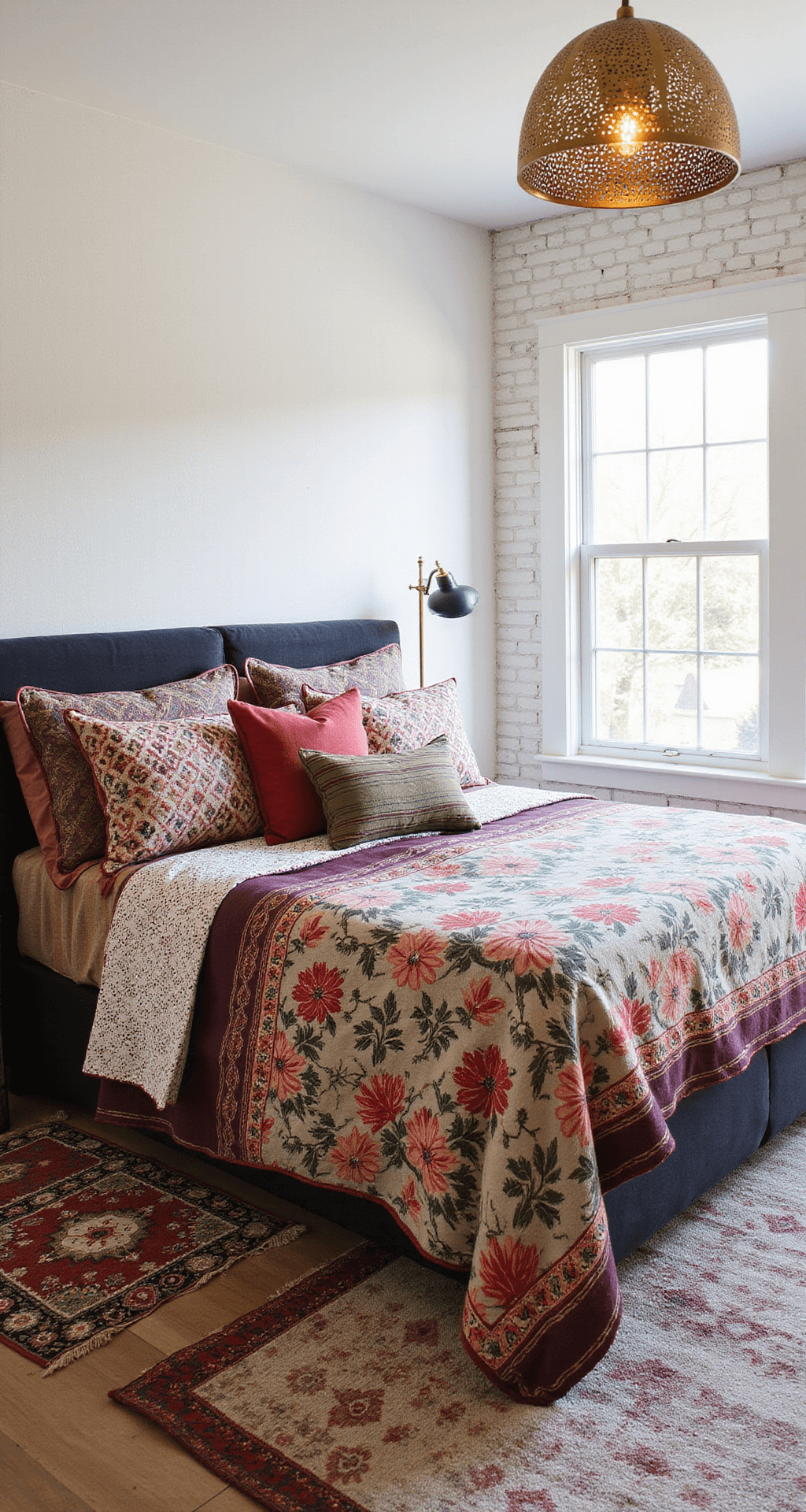 A pattern-rich bedroom featuring a king bed with a large floral duvet, geometric pillows, and striped throws in jewel tones, illuminated by morning light from whitewashed walls. Vintage kilim runners adorn the sides of the bed, while brass pendant lights cast intricate shadows. The elevated angle highlights the interplay of patterns throughout the space.