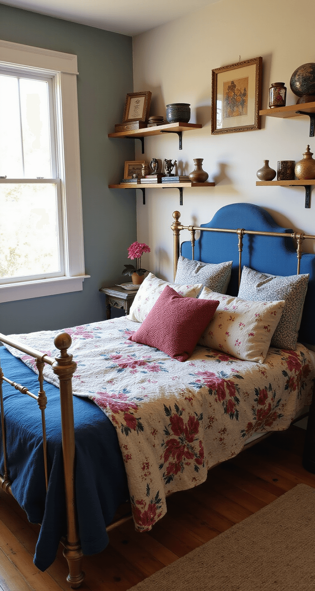 Cozy boho bedroom featuring original hardwood floors, a thrifted brass bed frame with a DIY indigo headboard, vintage floral quilts, and pompom pillows, illuminated by warm late afternoon sunlight, with global artifacts displayed on floating shelves.