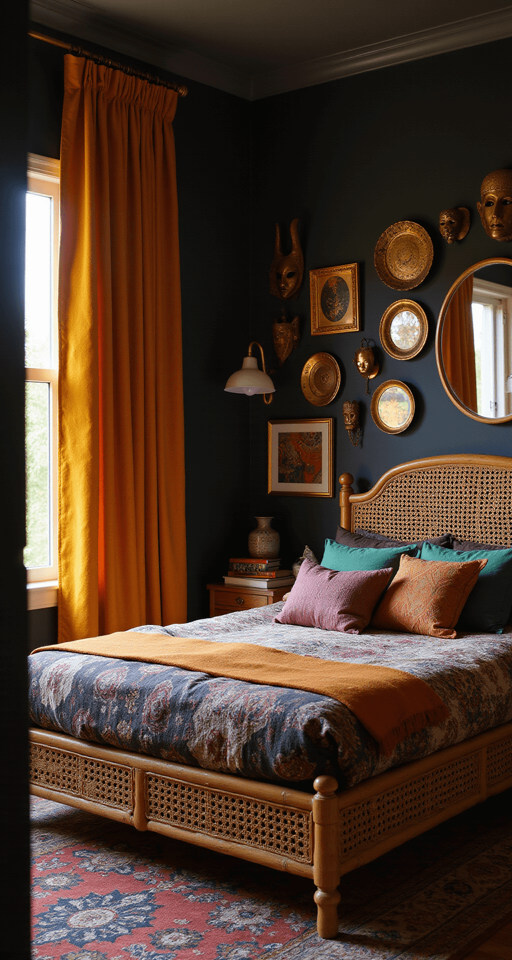 A boho bedroom featuring a dramatic black accent wall, rattan bed adorned with layered textiles in rust, emerald, and plum, and golden hour light filtering through mustard velvet curtains, with an oversized copper mirror and an eclectic gallery wall.