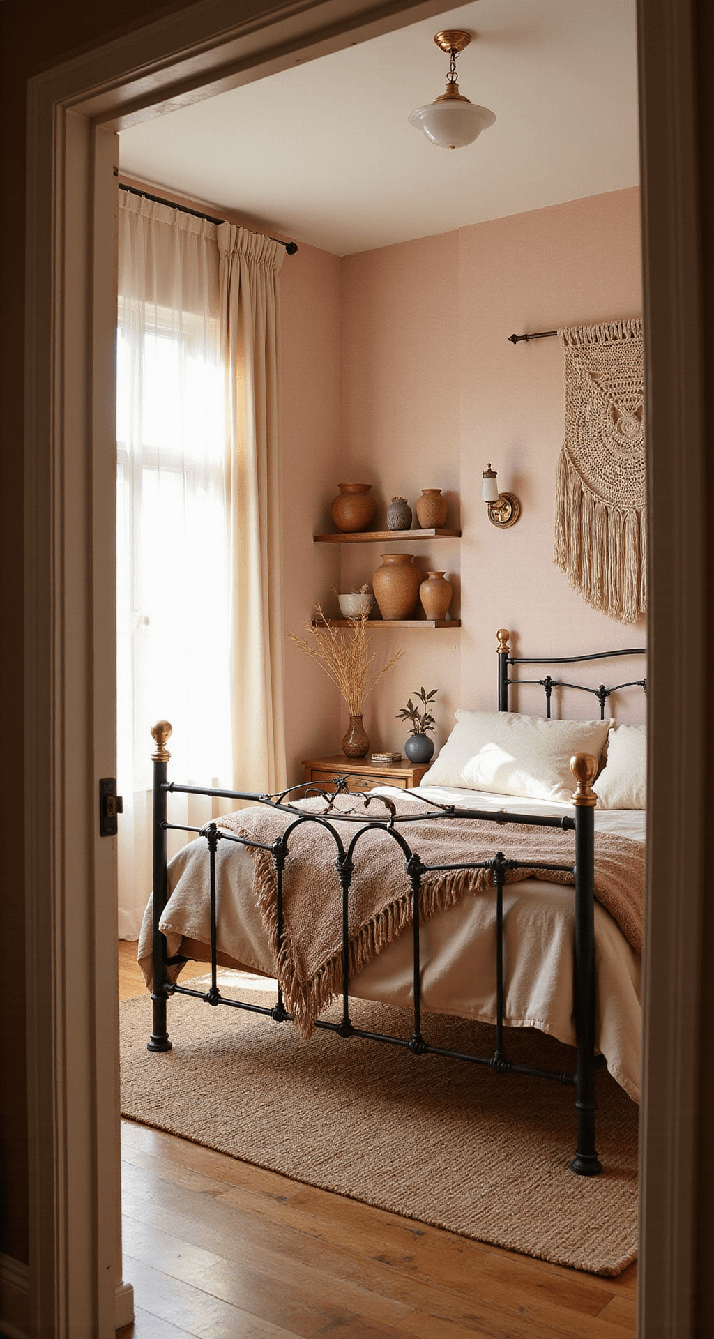 A sunlit bedroom featuring a vintage iron bed with blush linen, accented by an oversized macrame wall hanging and brass sconces, layered jute and sisal rugs, and natural light filtering through gauzy curtains, creating warm shadows on pale pink textured wallpaper.