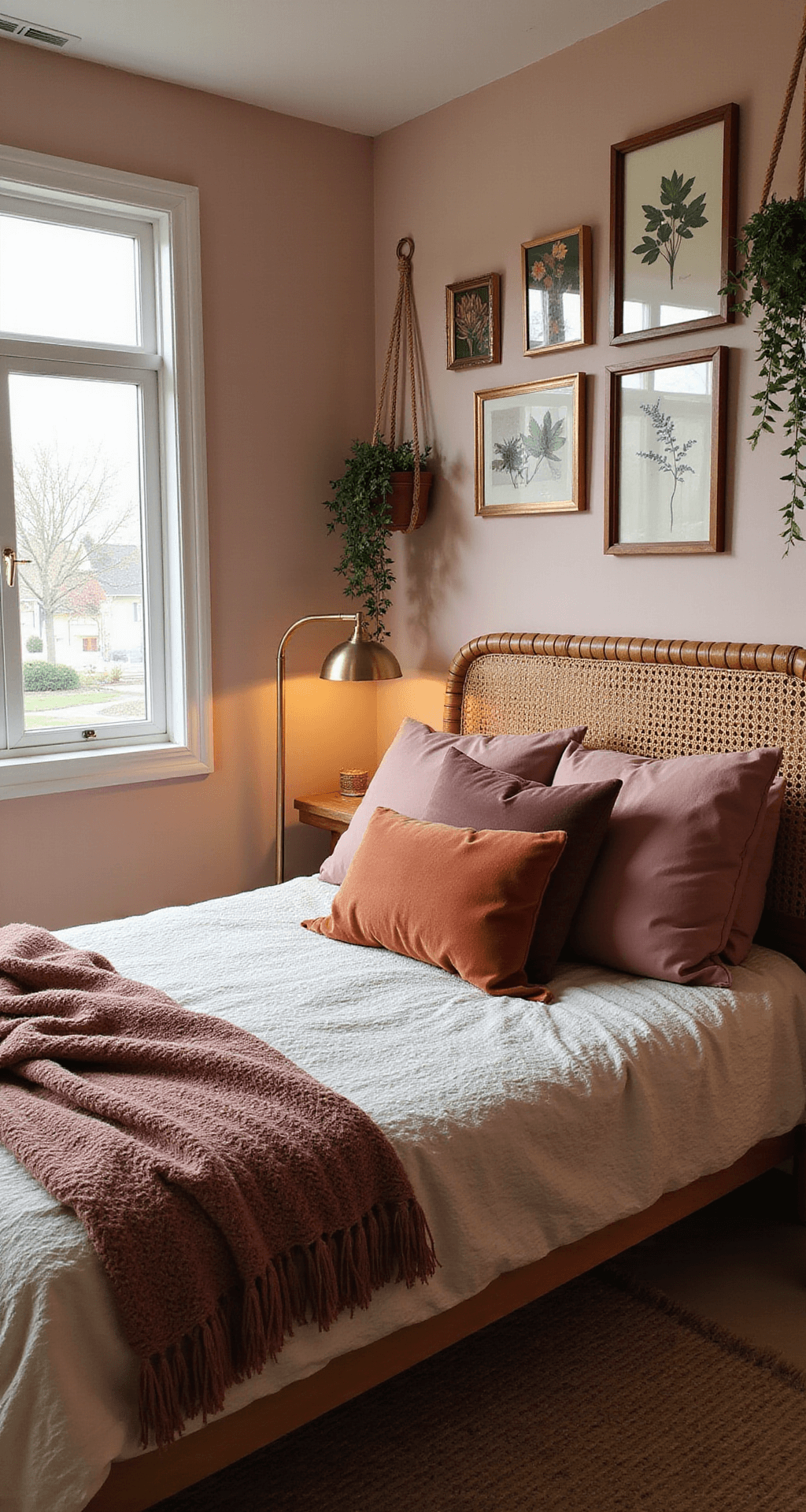 Cozy boho sanctuary at dawn featuring a low platform bed with rattan headboard, blush walls, vintage botanical prints, and layered textiles in dusty rose and mauve. Cascading hanging plants and a curved floor lamp create a warm ambiance.