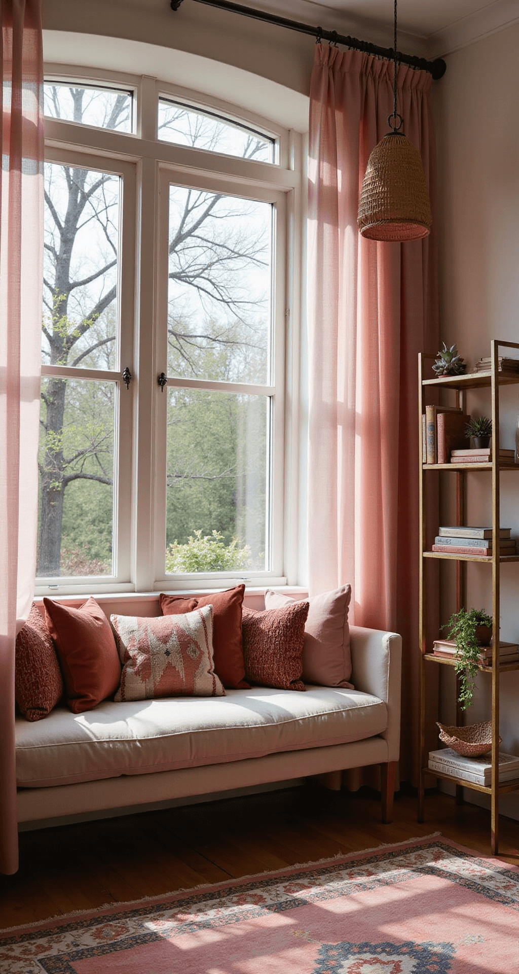 Intimate window nook bathed in late afternoon light, featuring sheer pink ombre curtains, a built-in daybed adorned with kilim pillows, a brass étagère with crystals and vintage books, and a woven pendant lamp casting intricate shadows, all centered on a muted pink and coral Turkish rug.