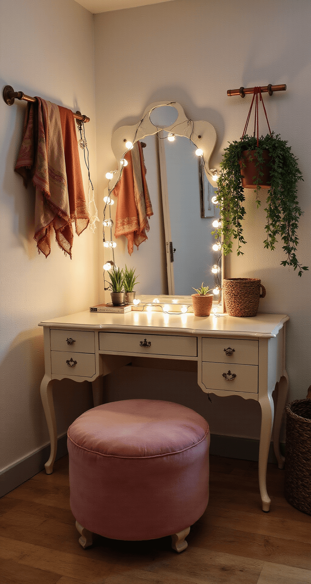 A cozy dressing area corner at dusk featuring a cream art deco vanity with brass accents, a pink velvet ottoman, and a large arched mirror reflecting fairy lights and hanging plants. Vintage silk scarves hang from a copper pipe rack, while a collection of handwoven baskets adds texture, all illuminated by soft artificial lighting.