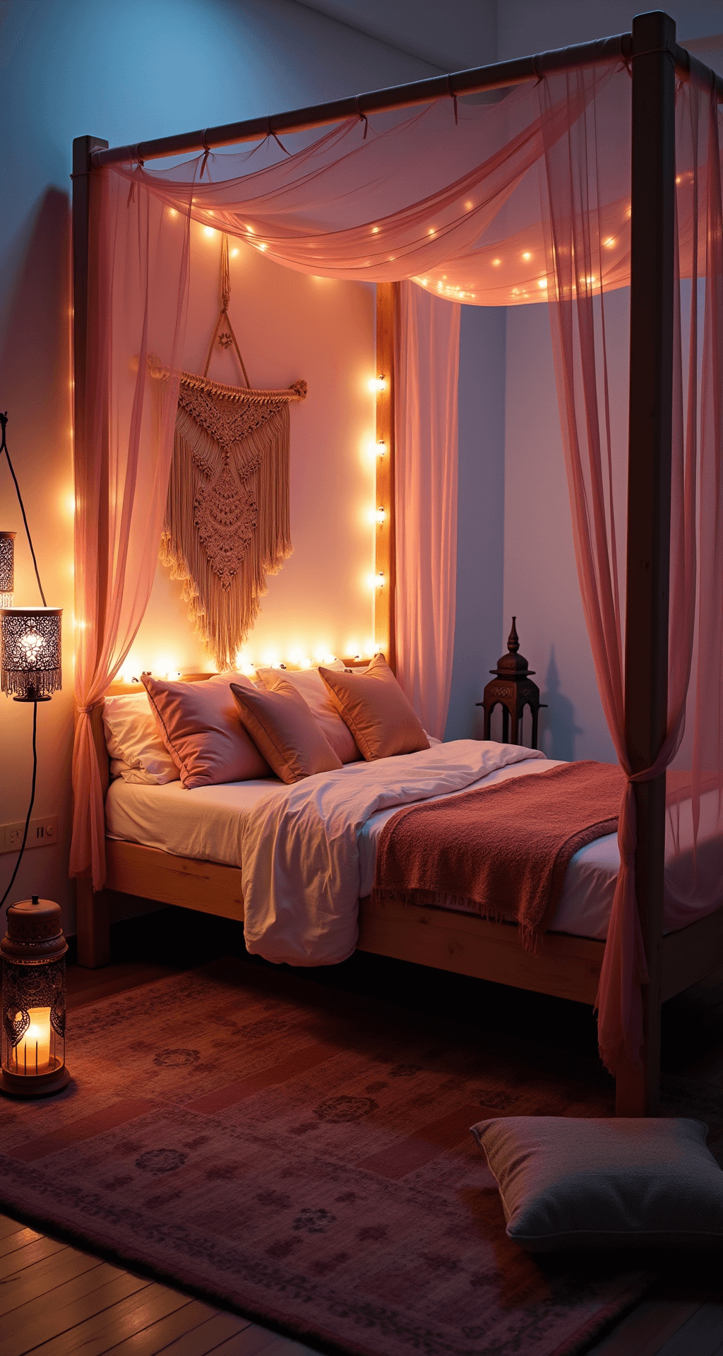 A twilight bedroom featuring a four-poster bed with sheer pink drapery, macrame wall hanging adorned with string lights, Moroccan lanterns casting intricate shadows, and layered pink rugs leading to a cozy meditation corner with floor cushions, all captured from a low angle for dramatic effect.
