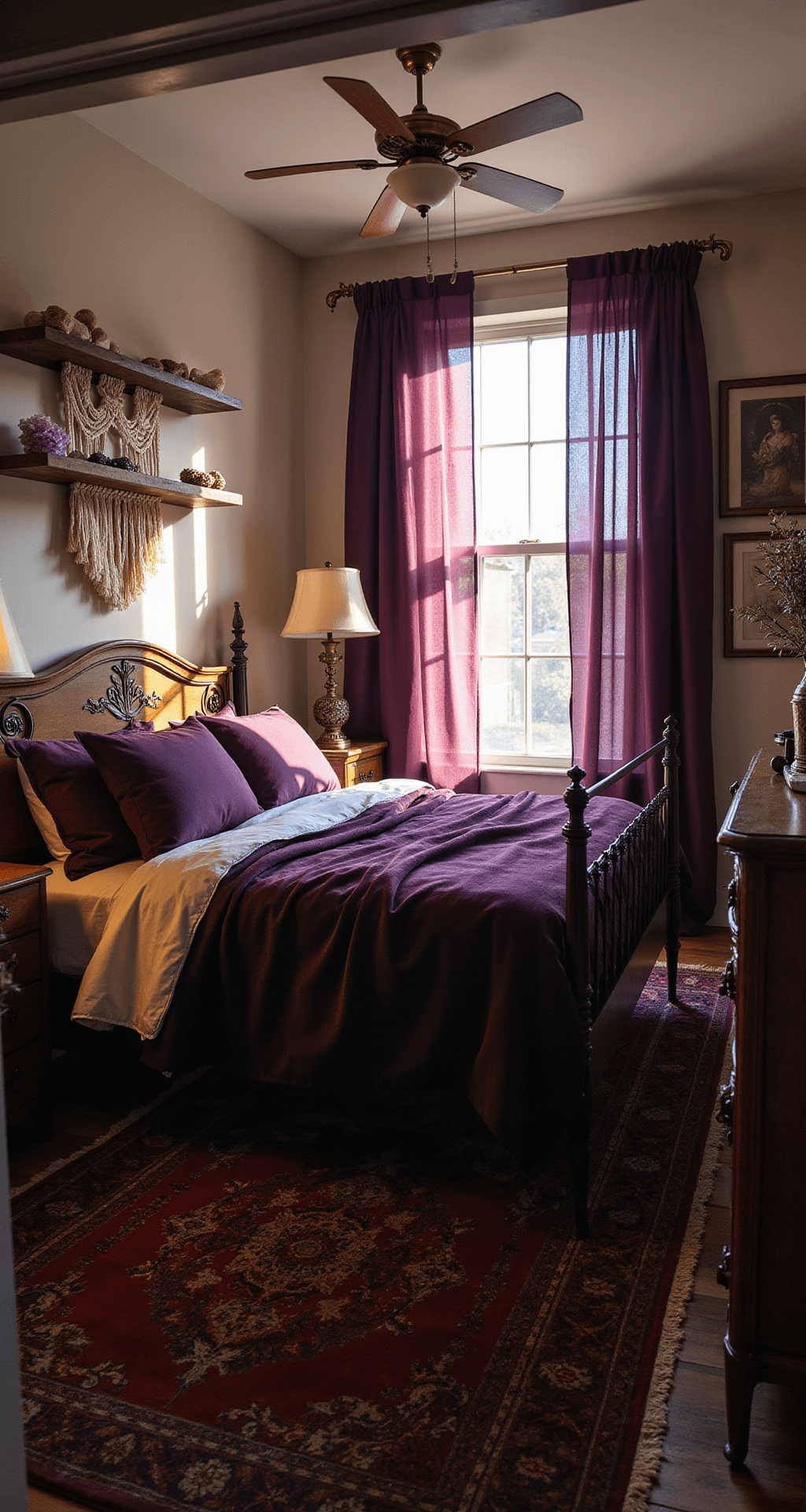 A cozy 12x14ft bedroom illuminated by warm golden hour light, featuring a queen bed with plum velvet and silver silk bedding, a vintage brass lamp, and a macramé wall hanging above a wooden headboard, while shadows and light interplay beautifully across the space.